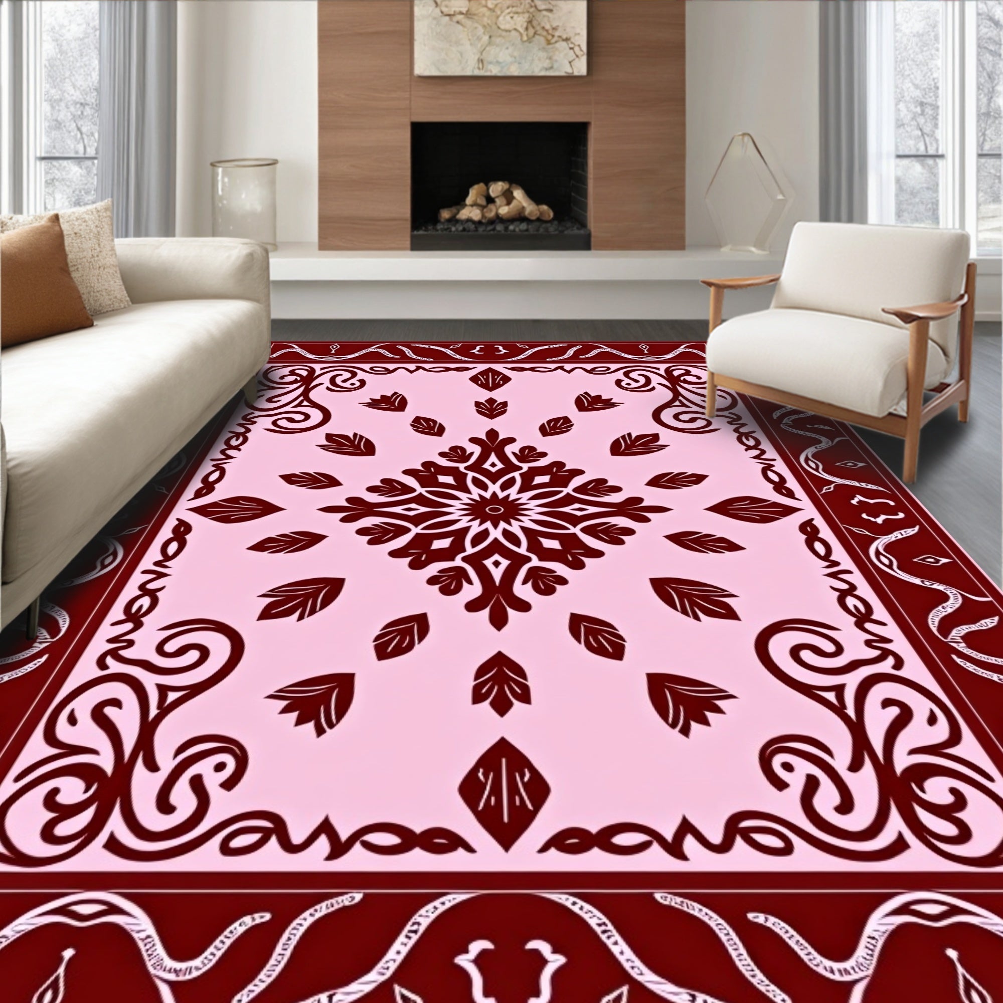 Crimson Floral Medallion Pink Border Rug