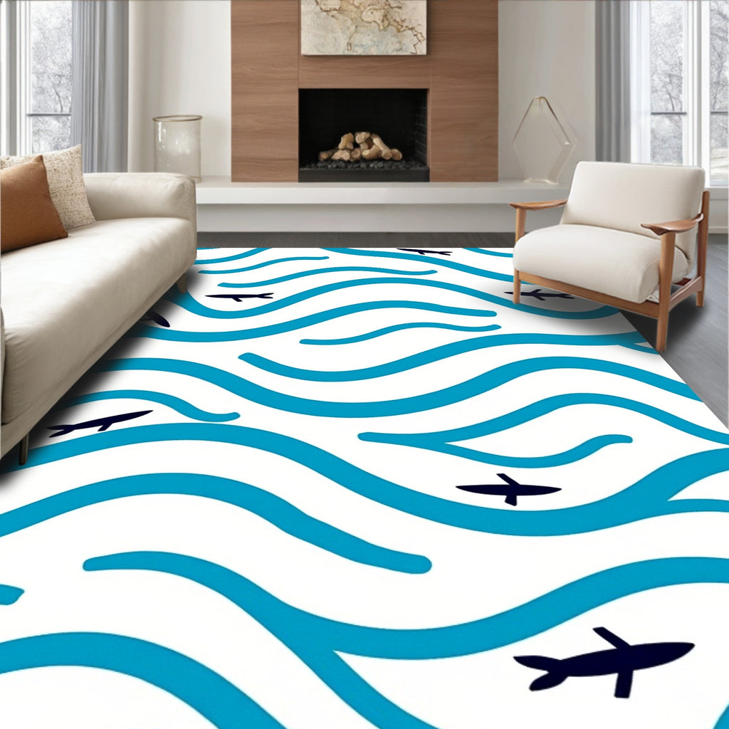 Deep Blue Ocean Fish Waves Rug