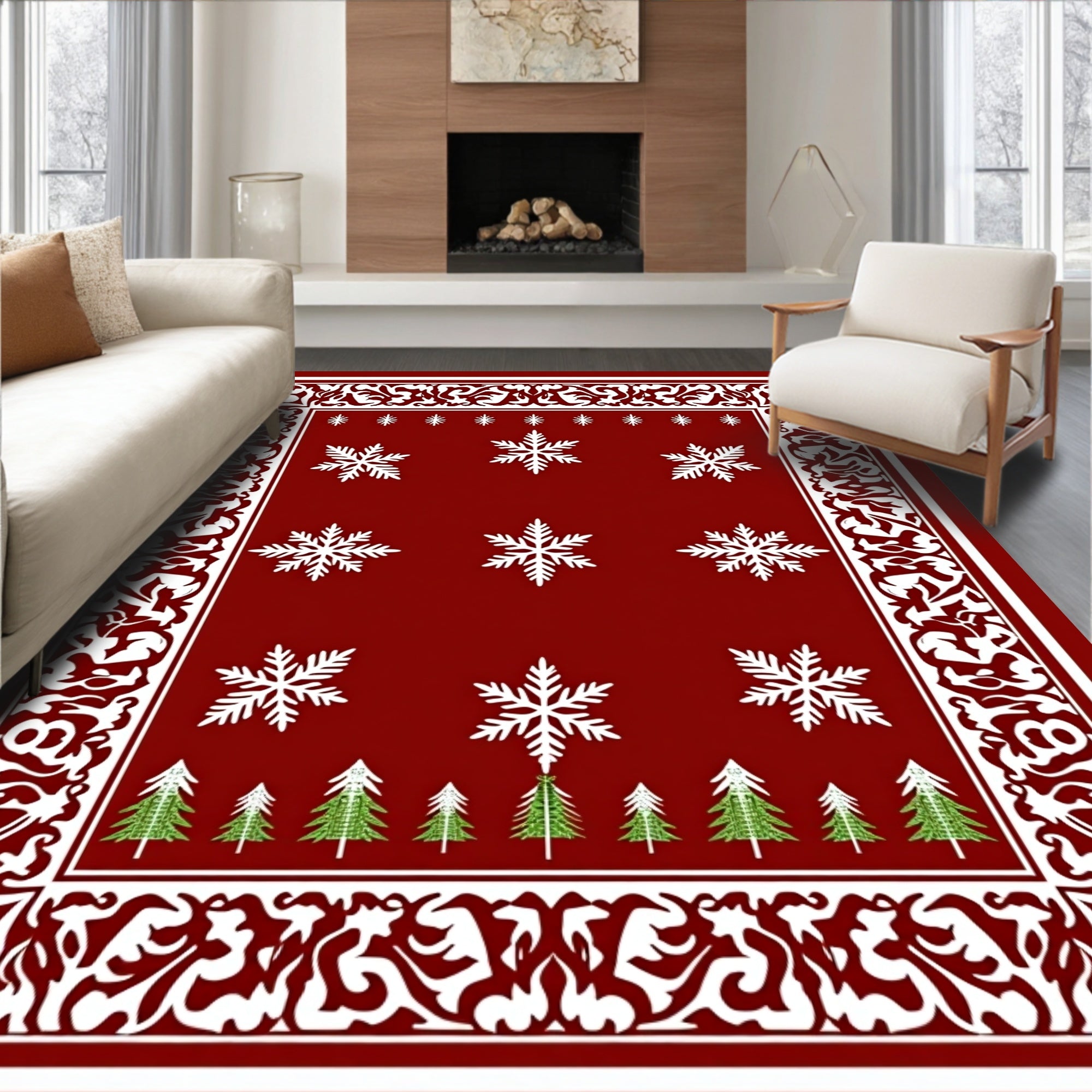 Crimson Snowflakes Evergreen Forest Border Rug