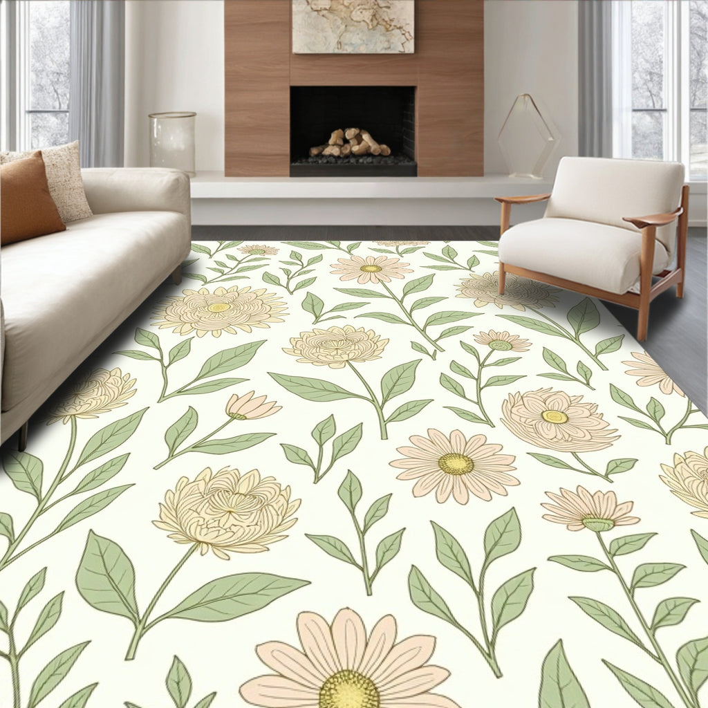 Cream Pink Daisy Floral Blossom Rug