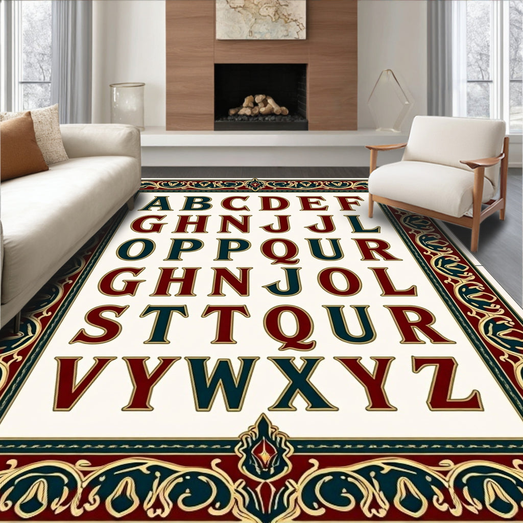 Classic Alphabet Border Red Teal Gold Rug