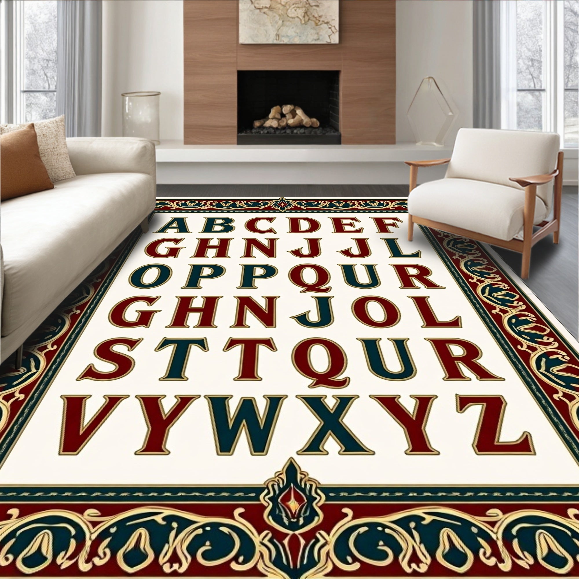 Classic Alphabet Border Red Teal Gold Rug