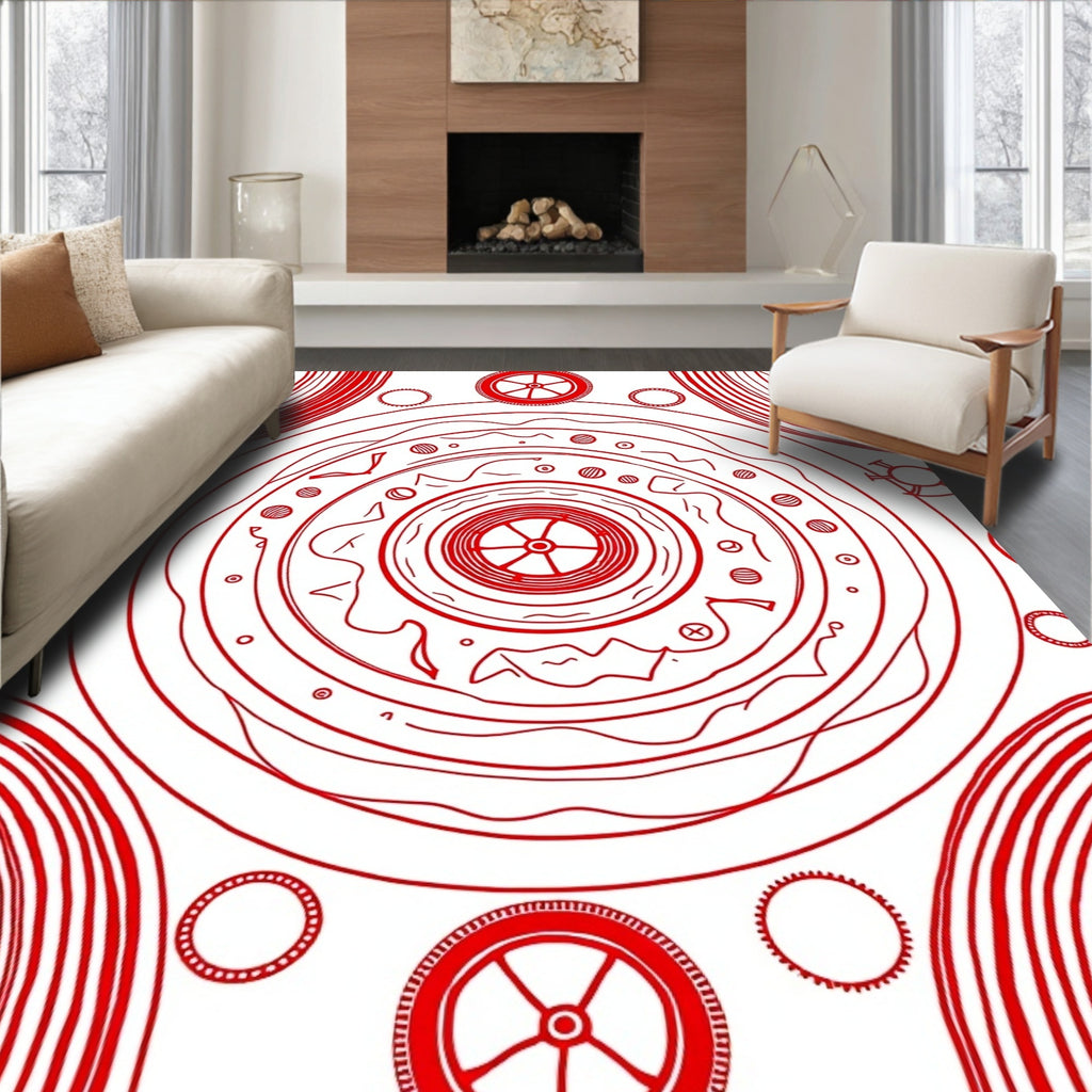 Crimson Concentric Mandala Circles Rug