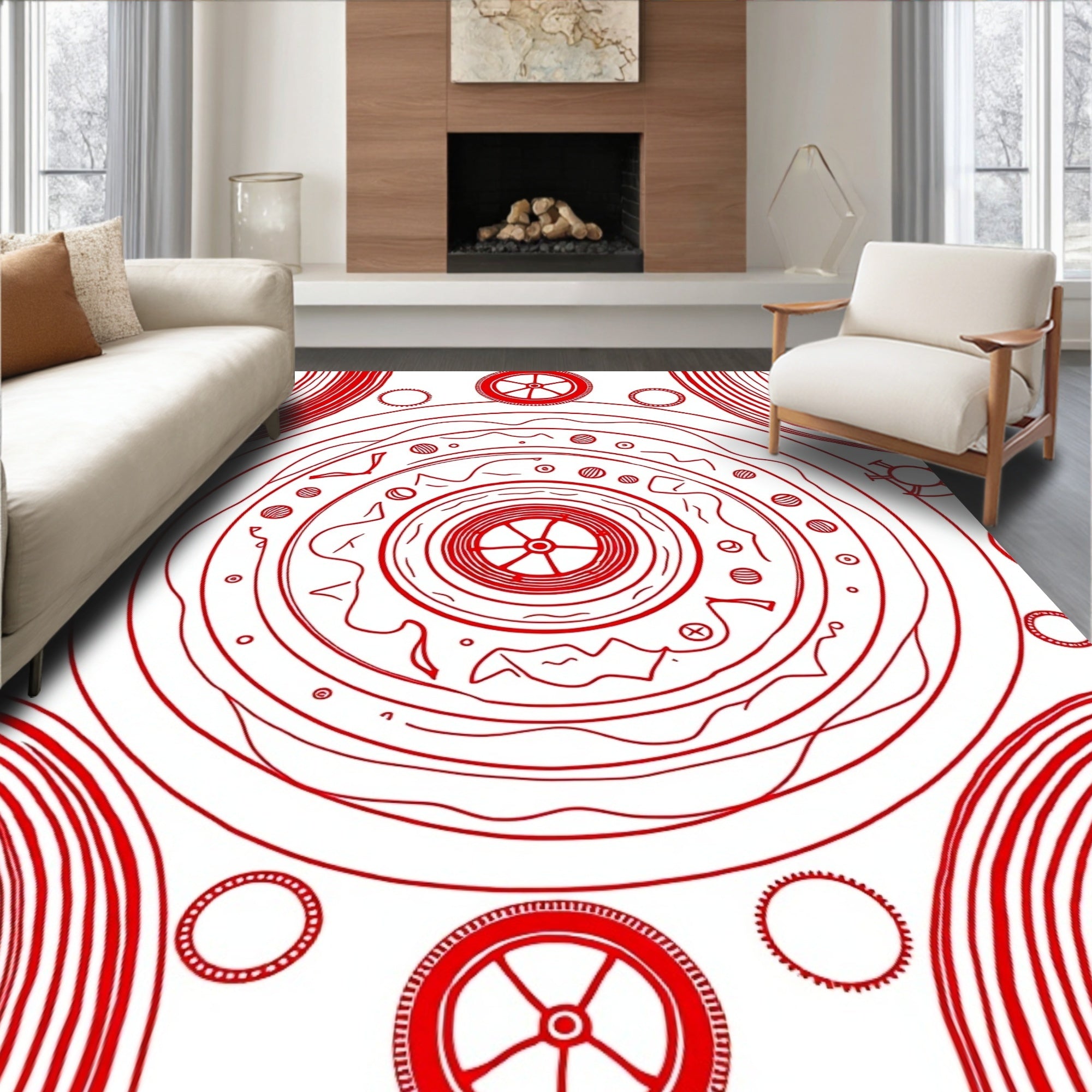 Crimson Concentric Mandala Circles Rug