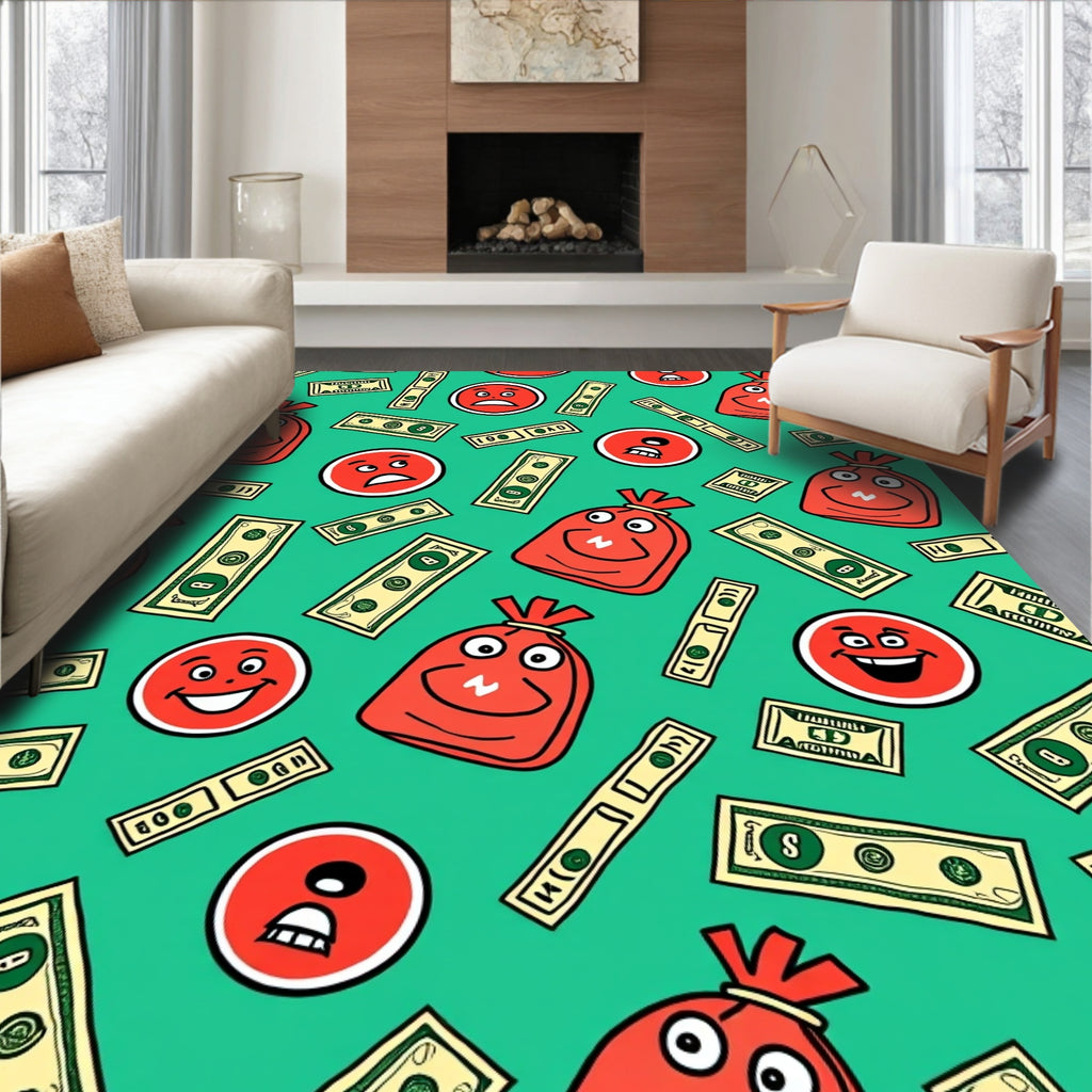 Red Money Bags Smiling Faces Rug