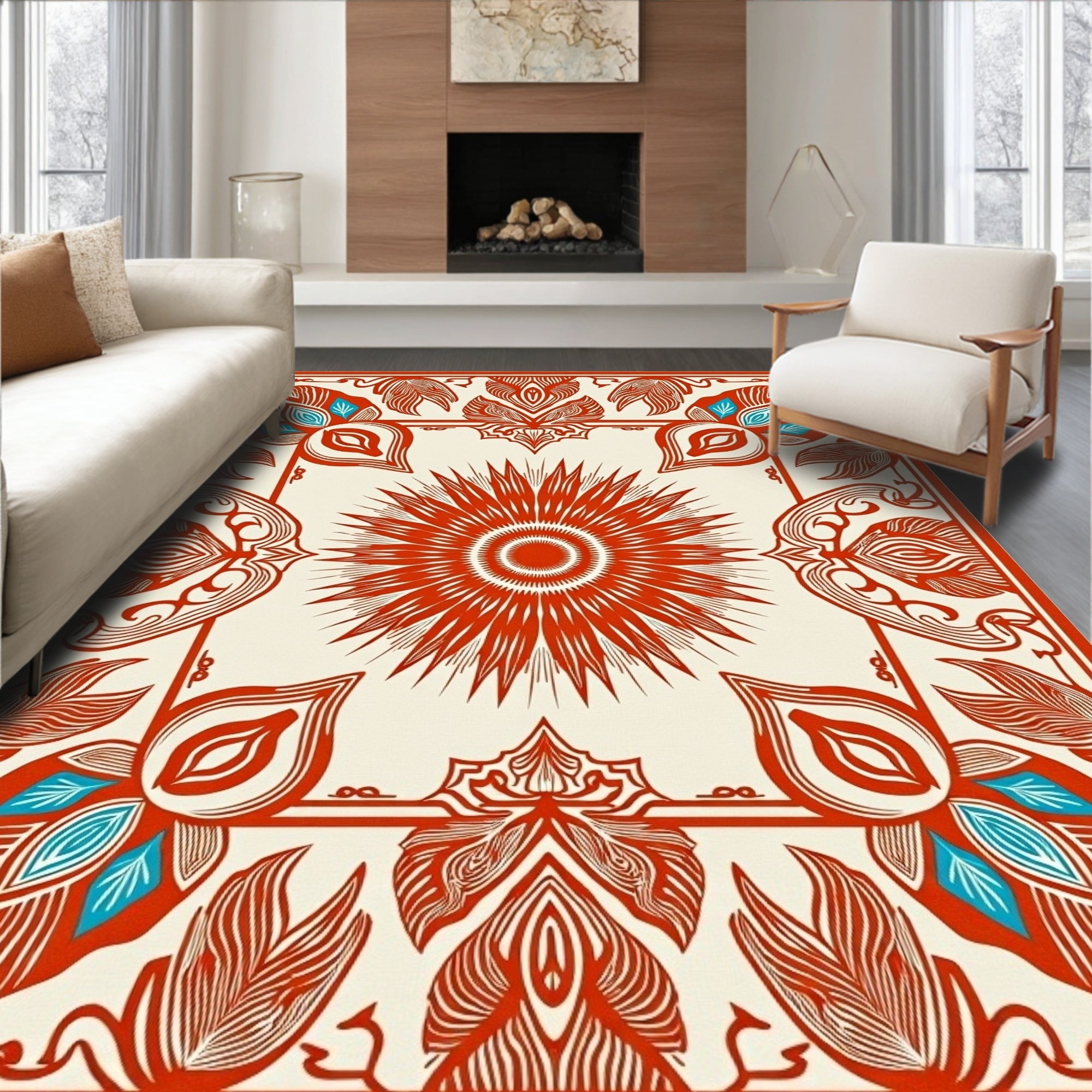 Crimson Sunburst Floral Border Rug