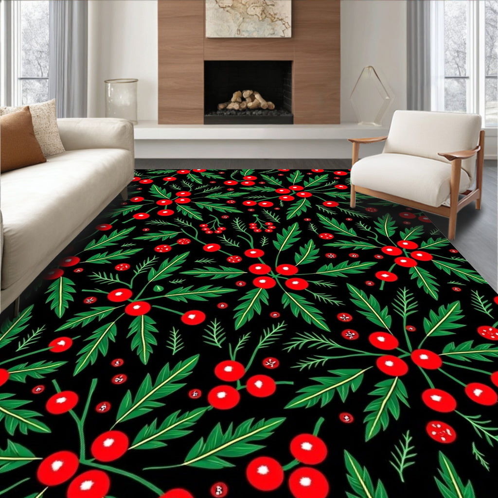 Festive Red Berry Green Leaf Rug