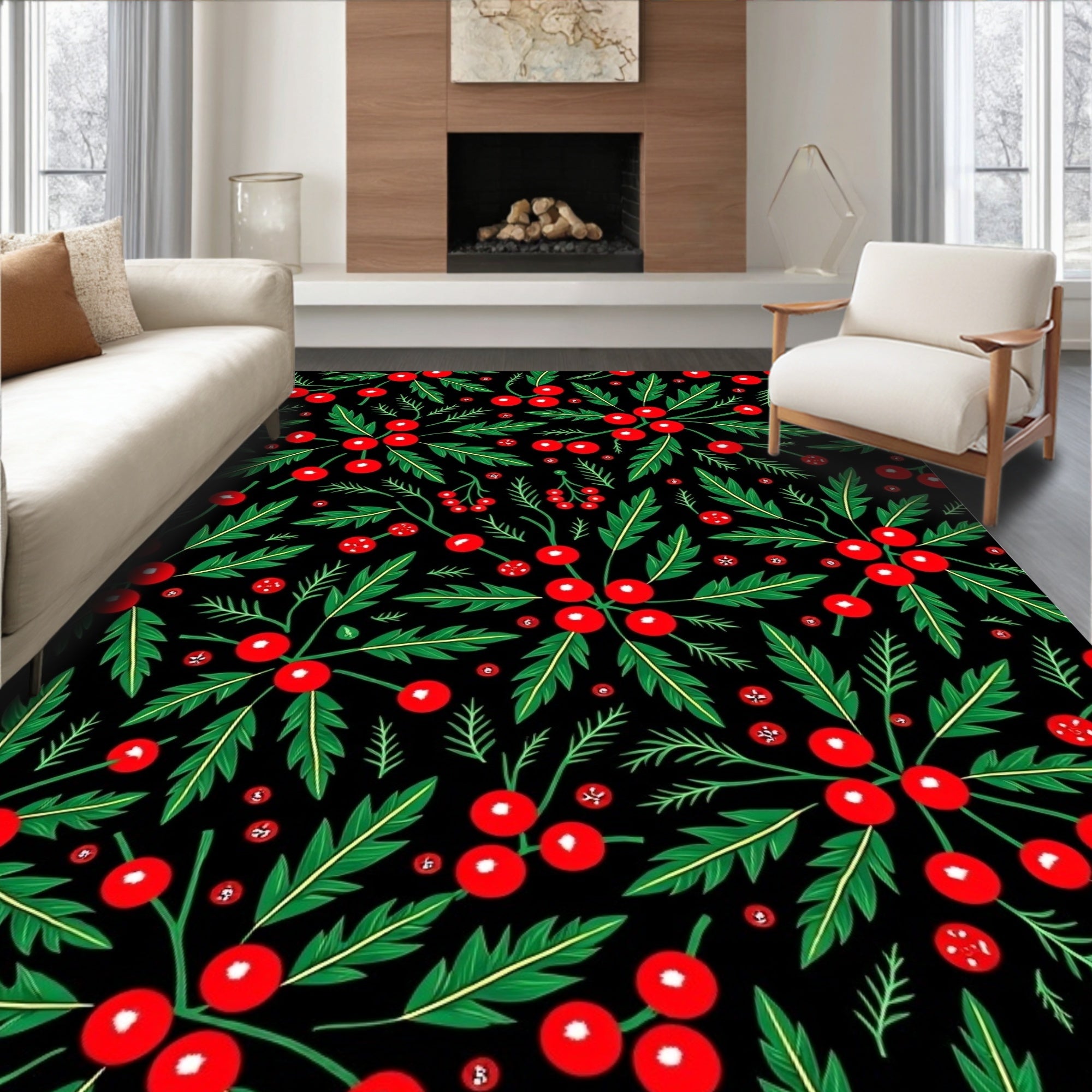 Festive Red Berry Green Leaf Rug