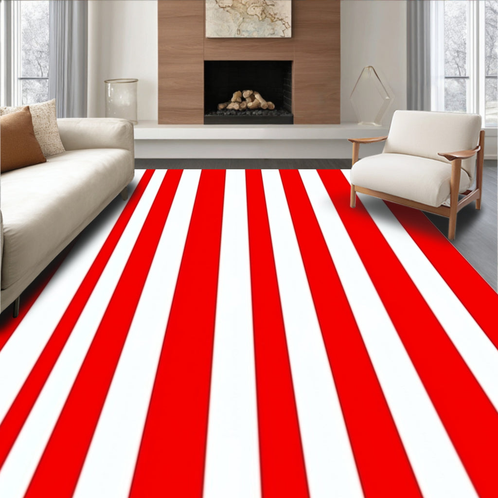 Bold Red White Vertical Stripes Rug
