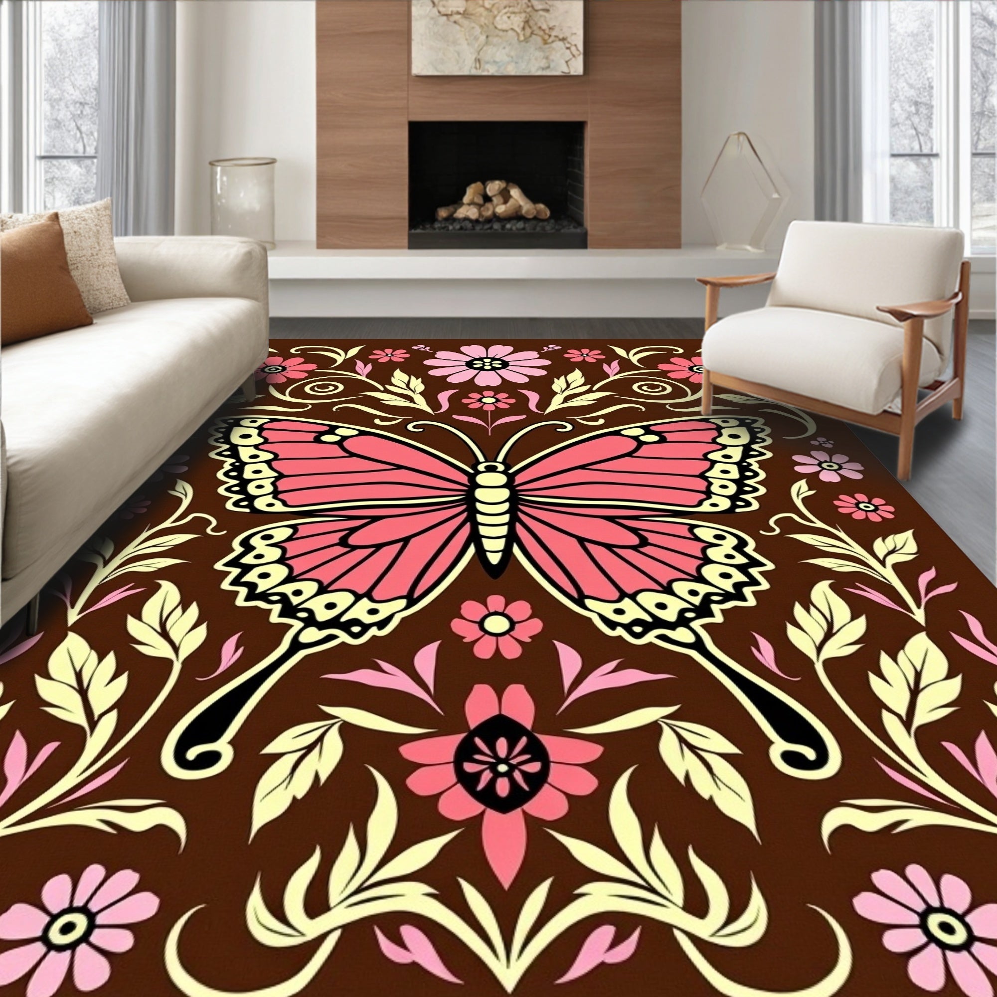 Pink Butterfly Floral Swirl Brown Rug