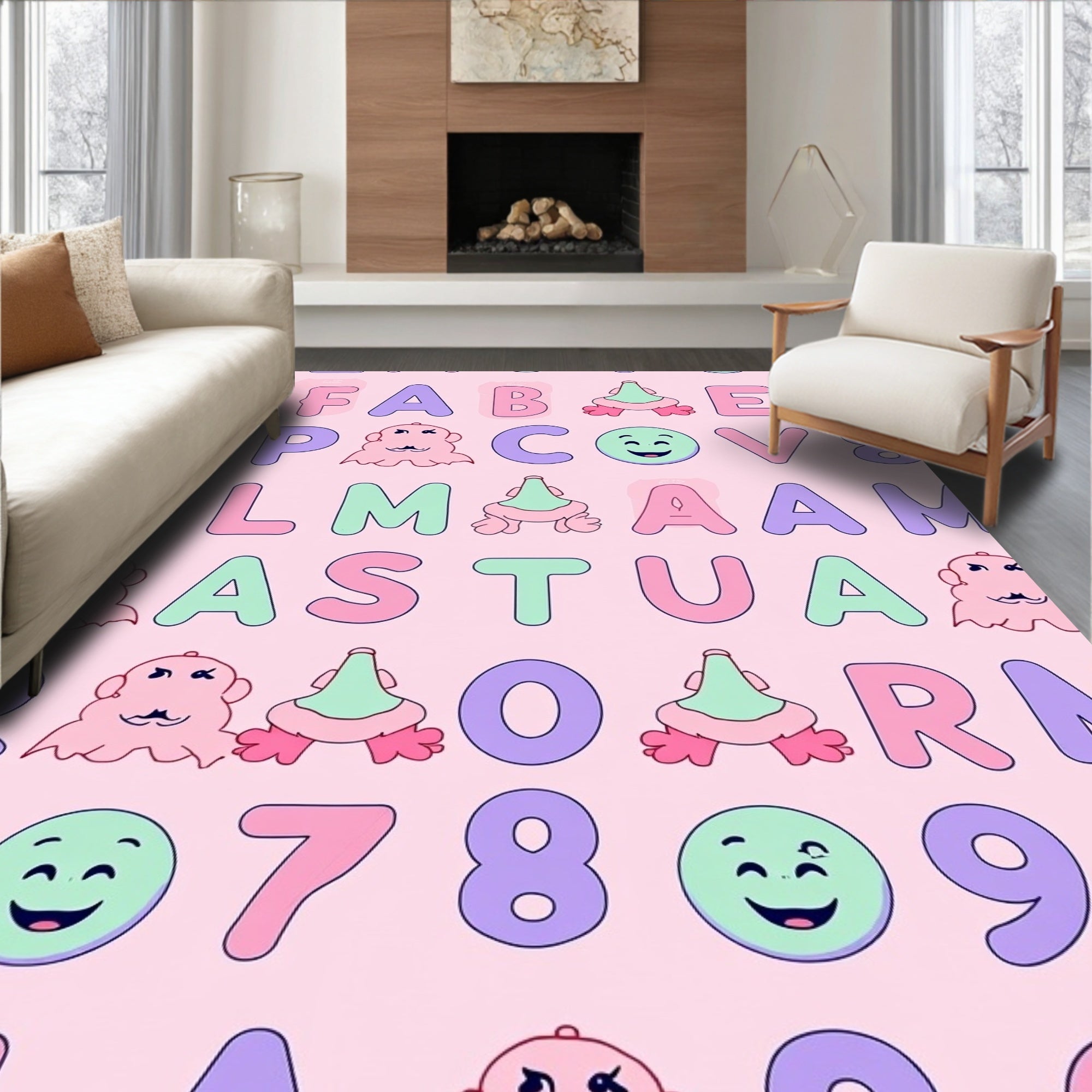 Whimsical Alphabet Emoji Numbers Pastel Rug