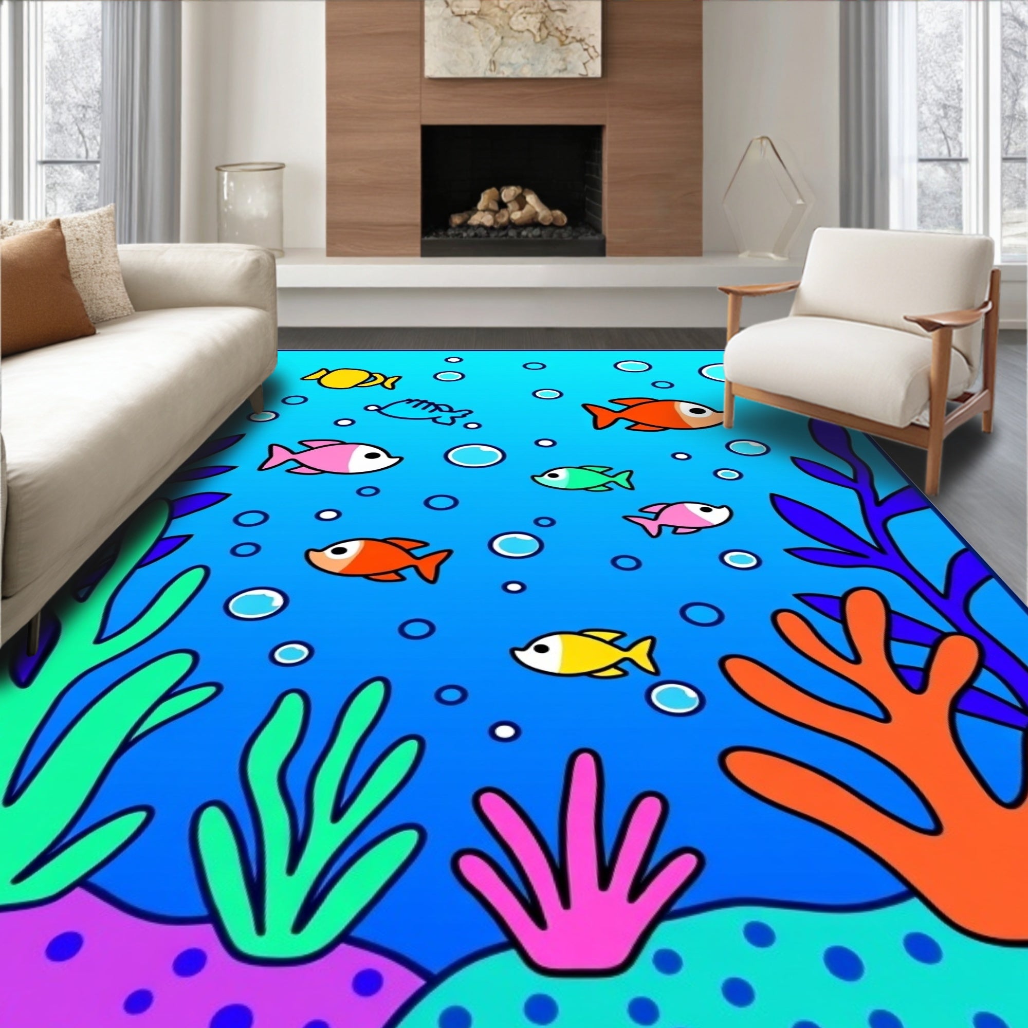Ocean Life Colorful Fish Bubbles Rug