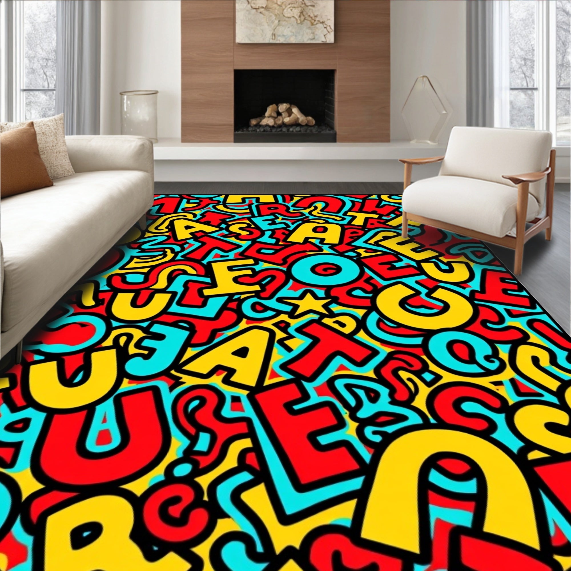 Bustling Red Yellow Turquoise Alphabet Chaos Rug