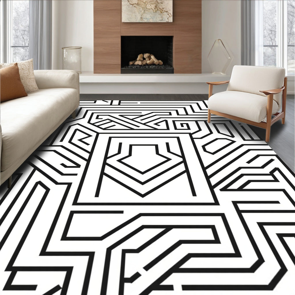 Black White Abstract Geometric Maze Rug