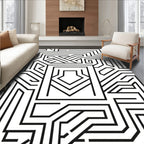 Black White Abstract Geometric Maze Rug