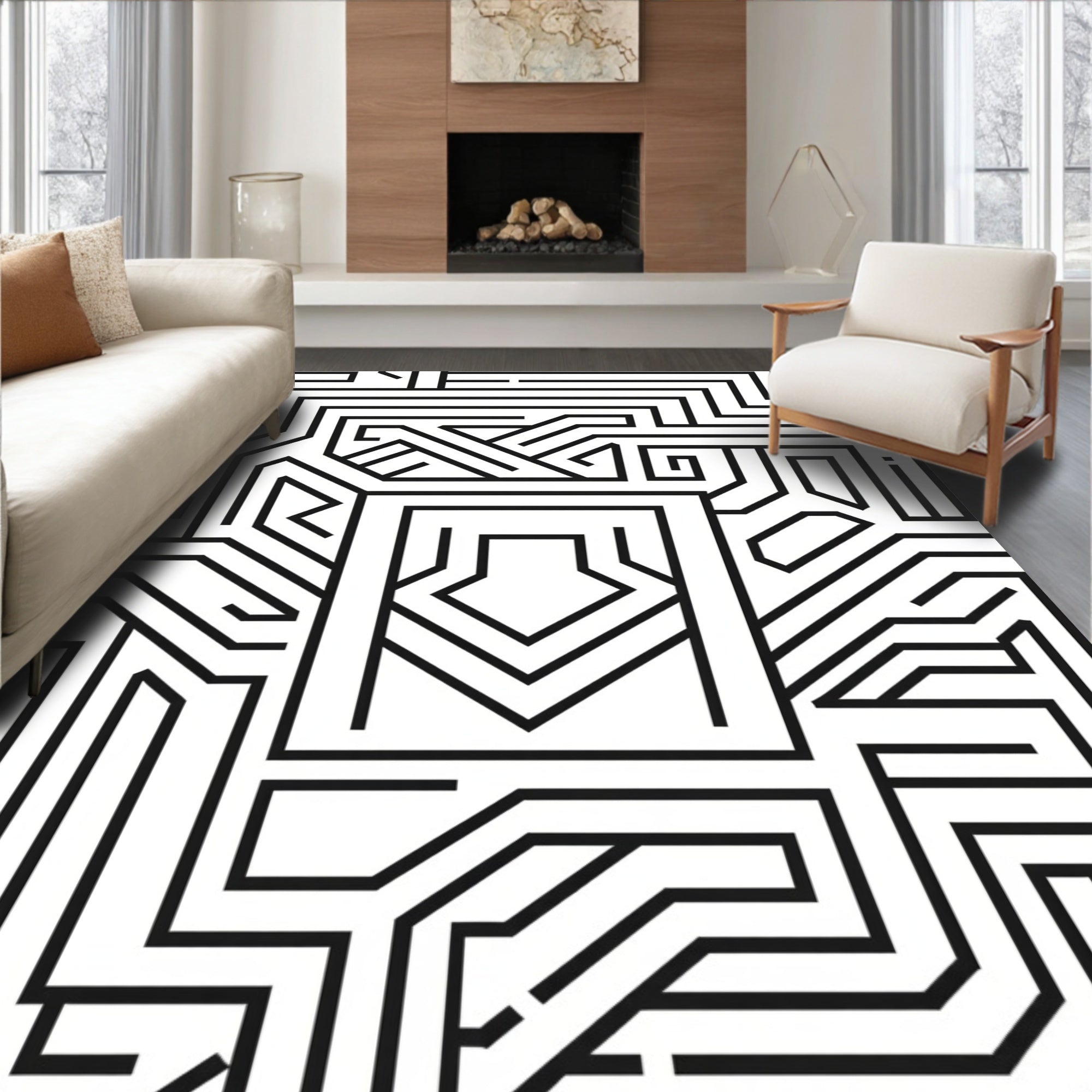 Black White Abstract Geometric Maze Rug