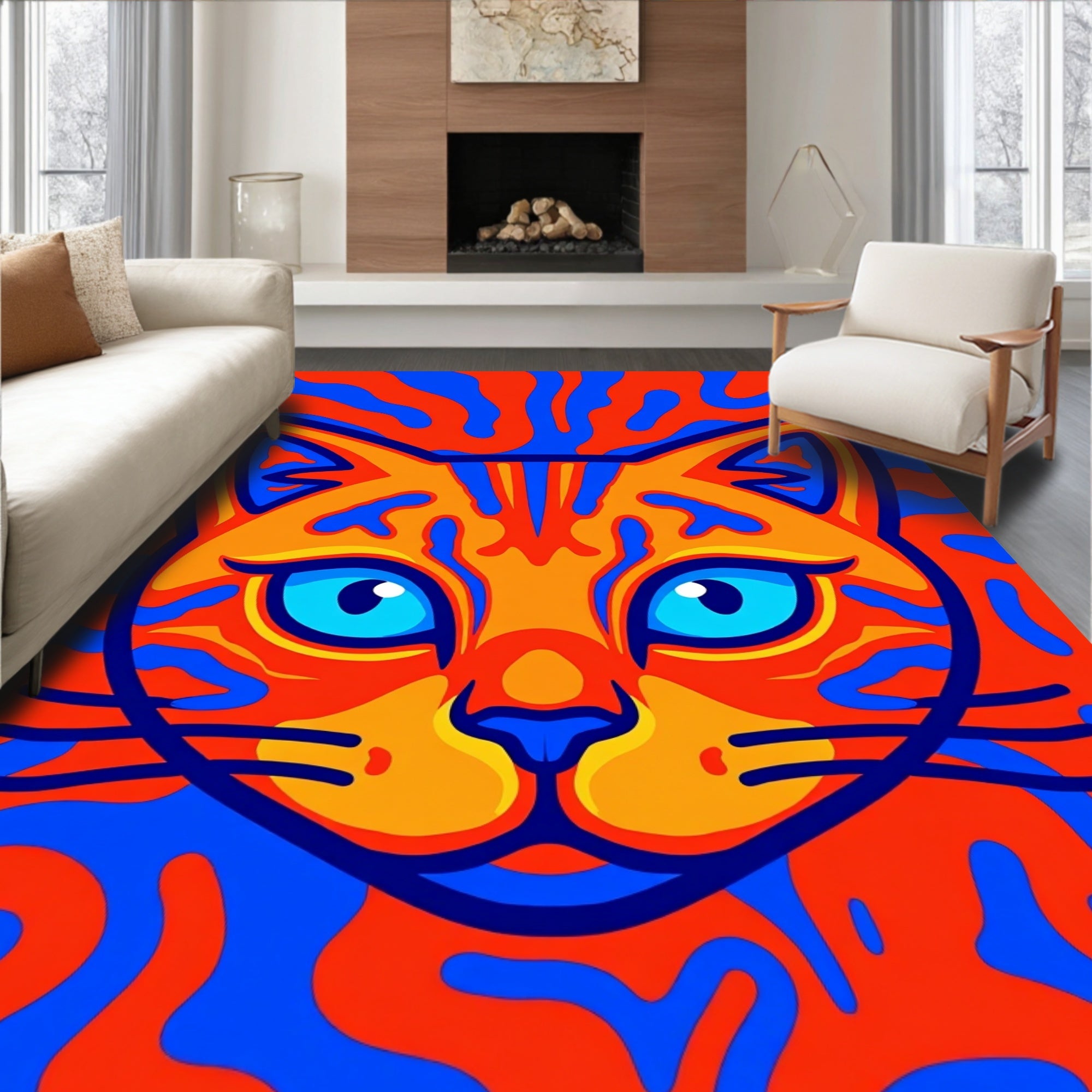 Vibrant Orange Blue Cat Psychedelic Swirl Rug