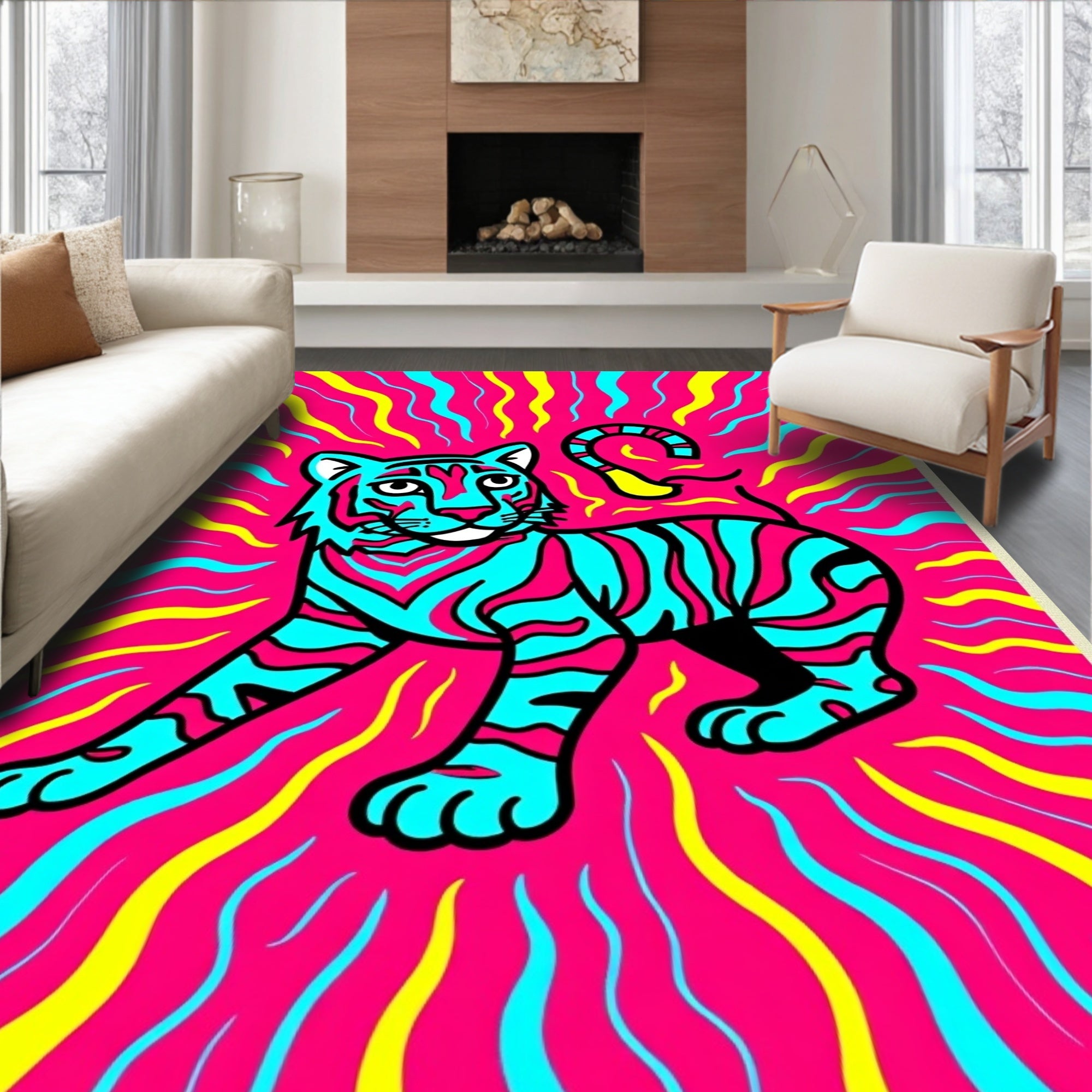 Vibrant Cyan Tiger with Pink Stripes Rug
