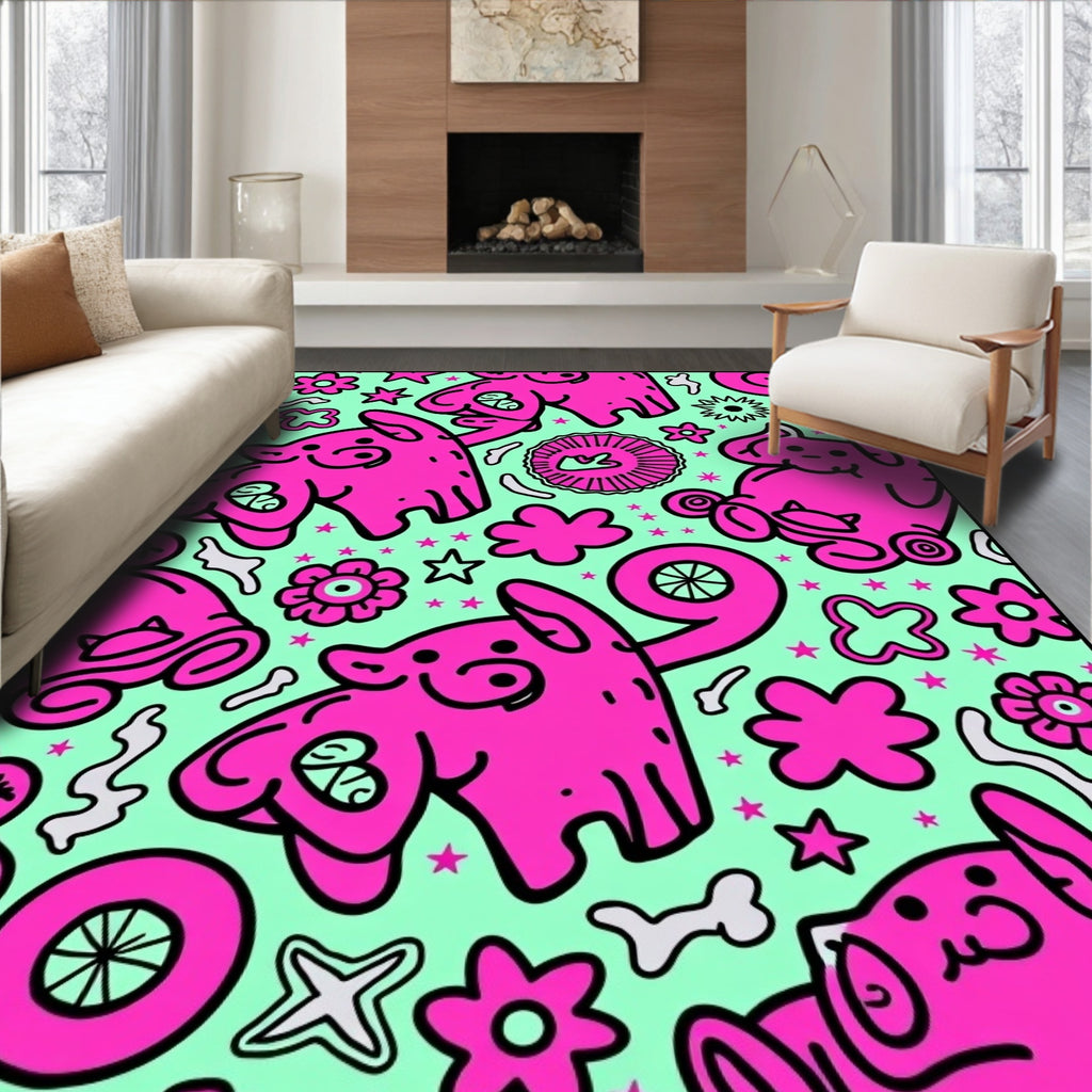 Whimsical Pink Critter Mint Collage Rug