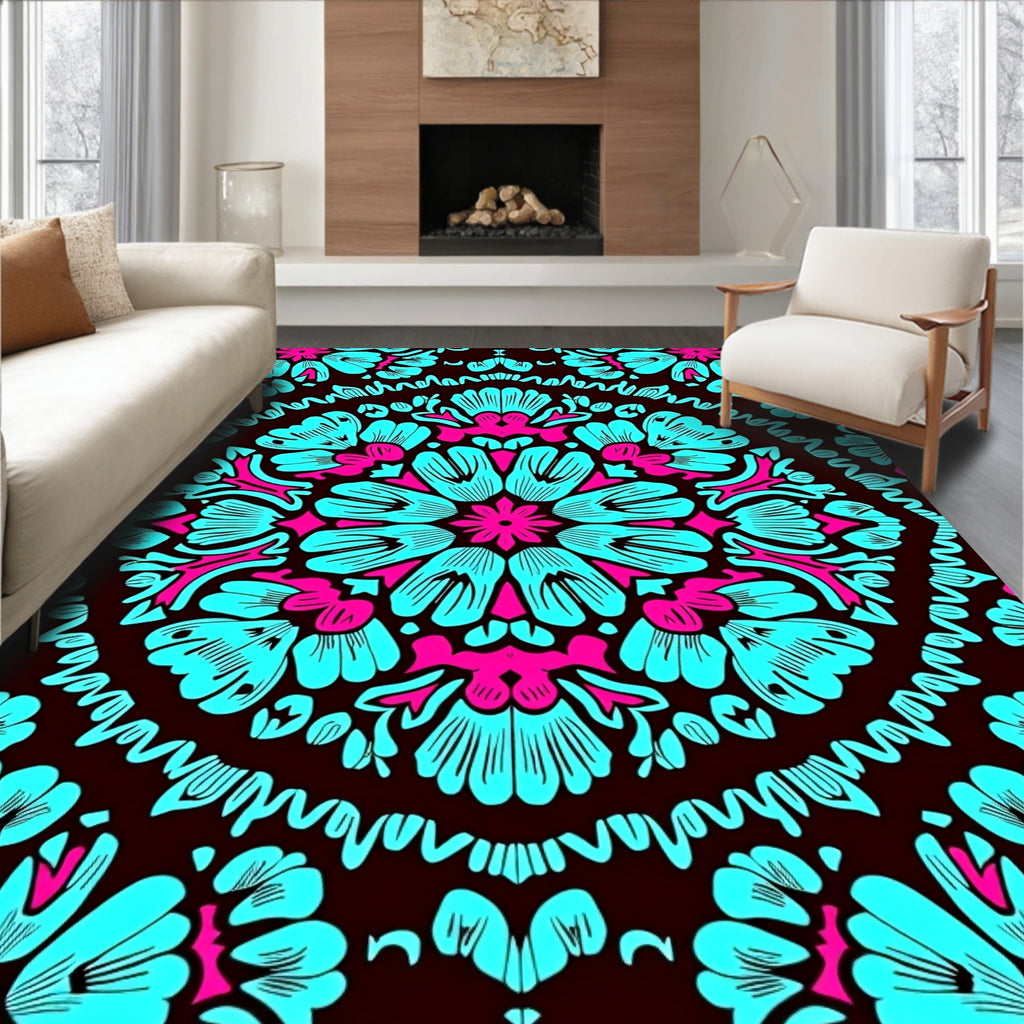 Vibrant Cyan Magenta Floral Medallion Rug