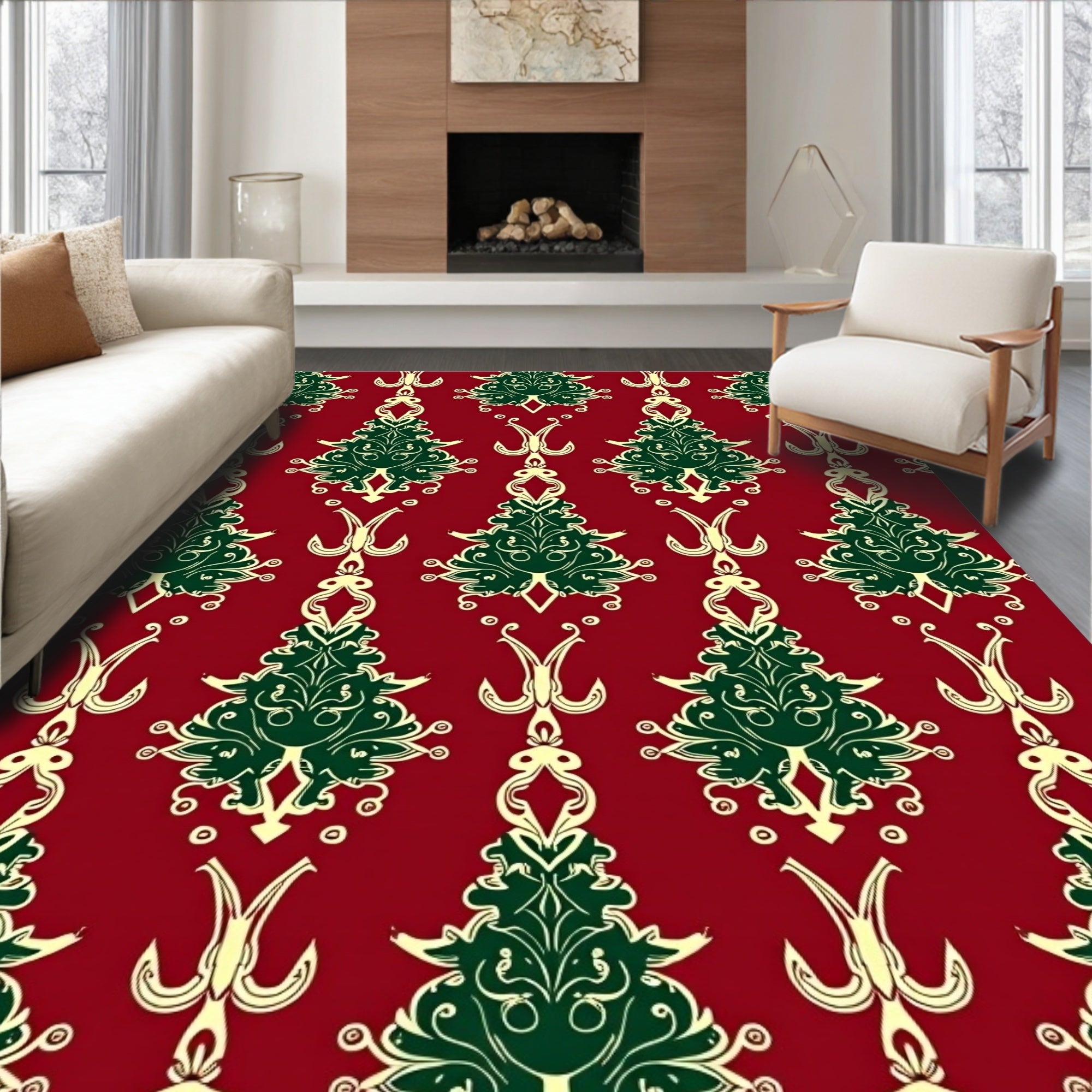 Crimson Emerald Damask Filigree Tree Rug