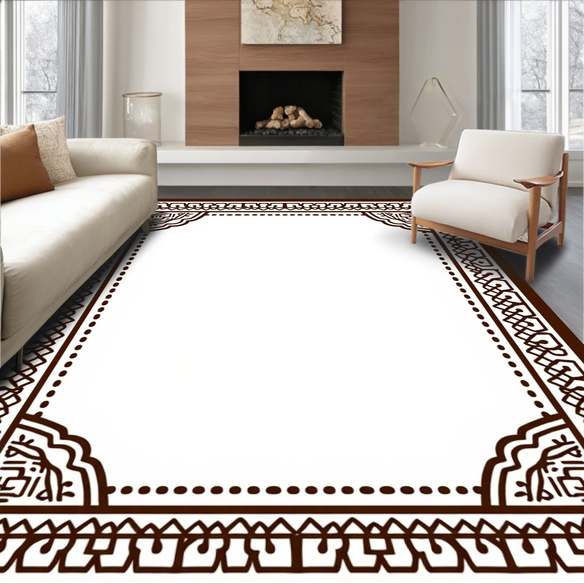 Brown Geometric Filigree Border Rug