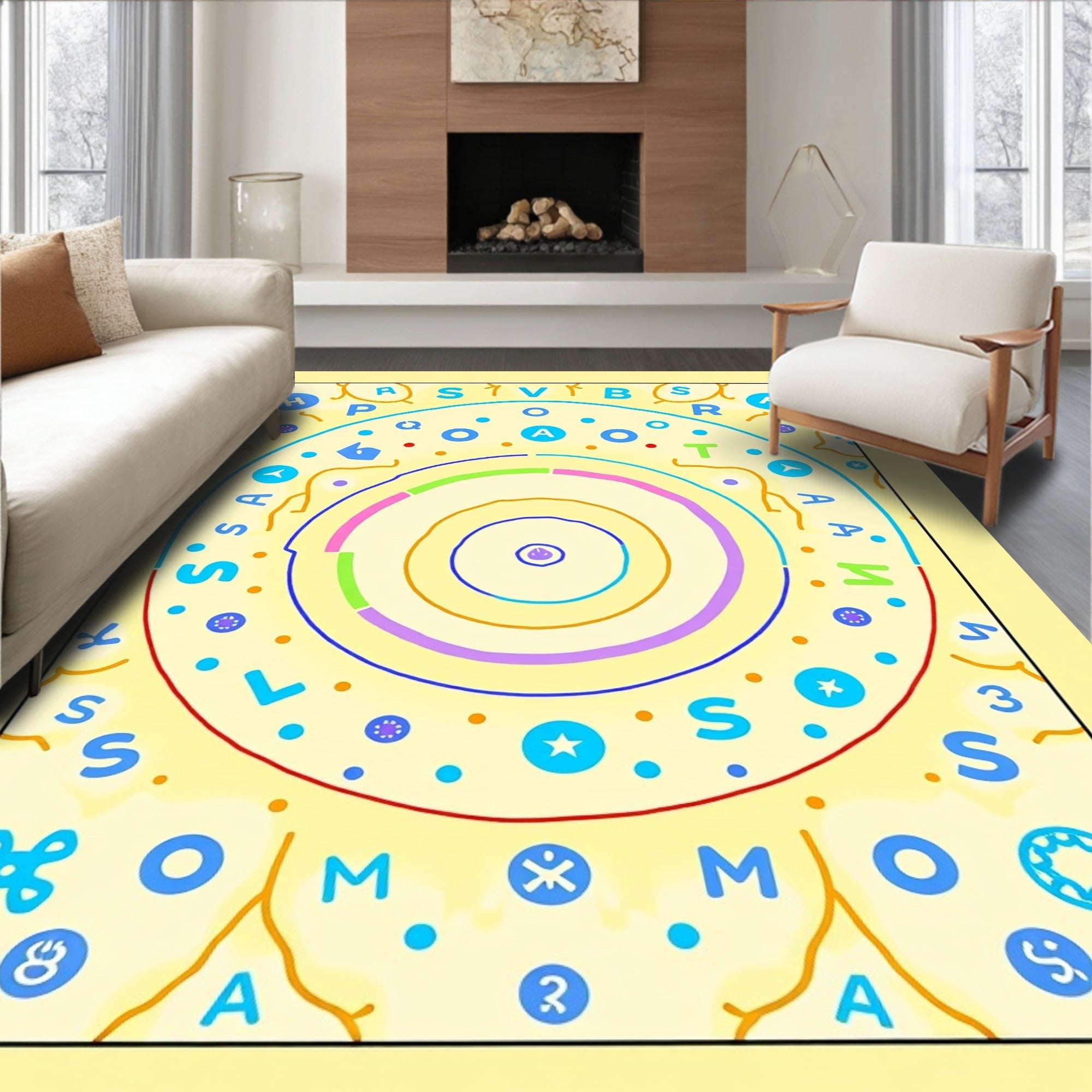 Whimsical Circle Alphabet and Symbols Rug