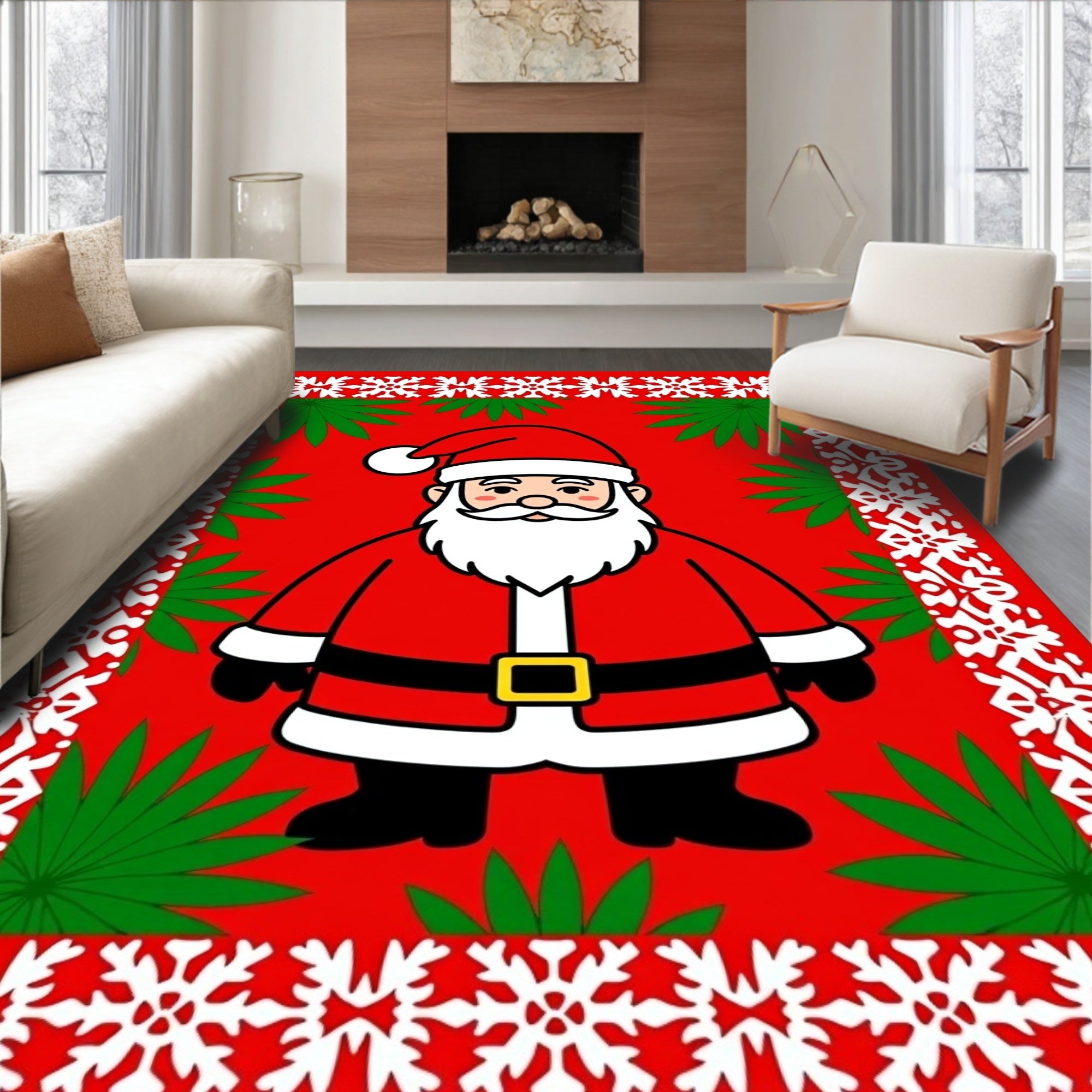 Christmas Santa Red Snowflake Border Rug