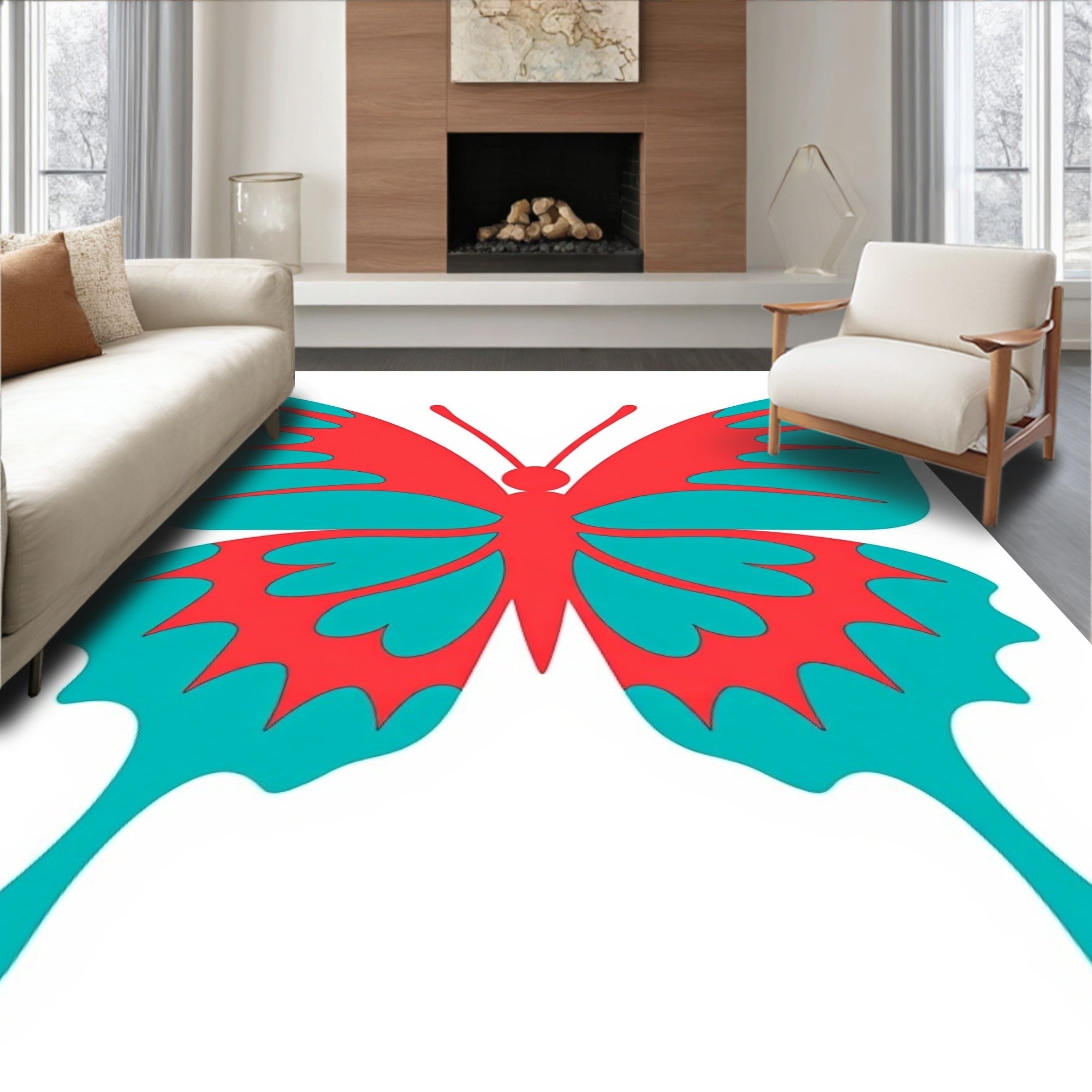 Fiery Coral Teal Butterfly Wings Rug