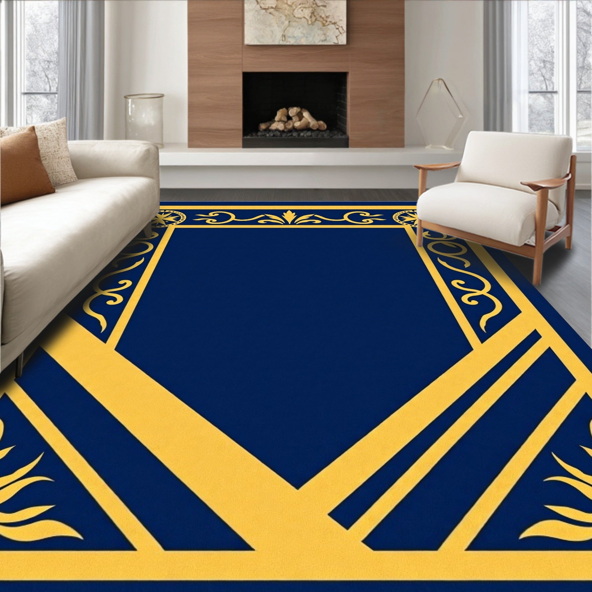 Royal Blue Golden Ornate Border Rug