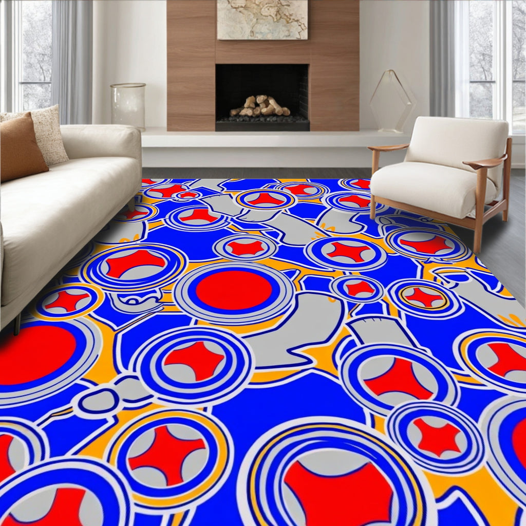 Retro Red Blue Geometric Circles Rug