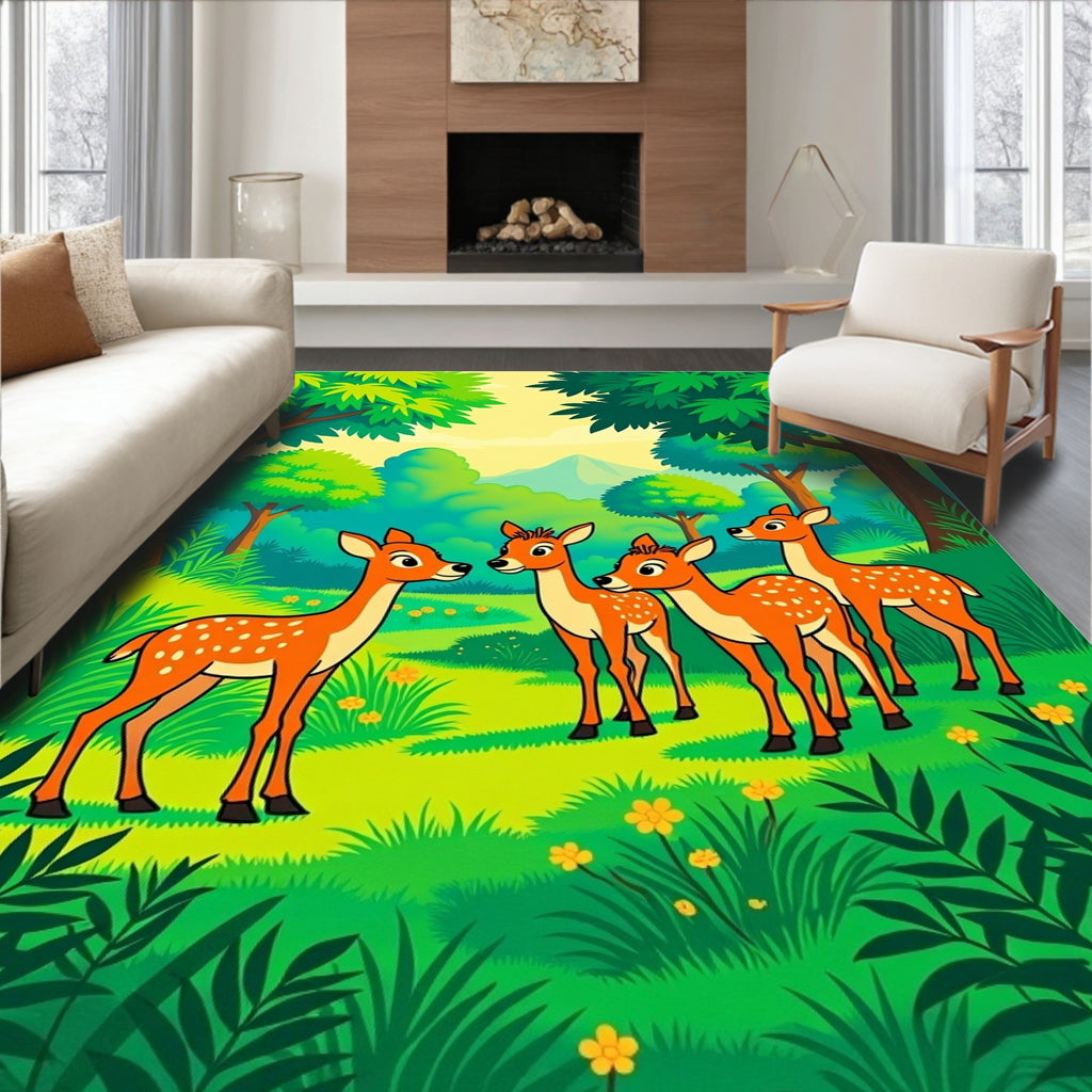 Whimsical Forest Deer Meadow Scene Rug