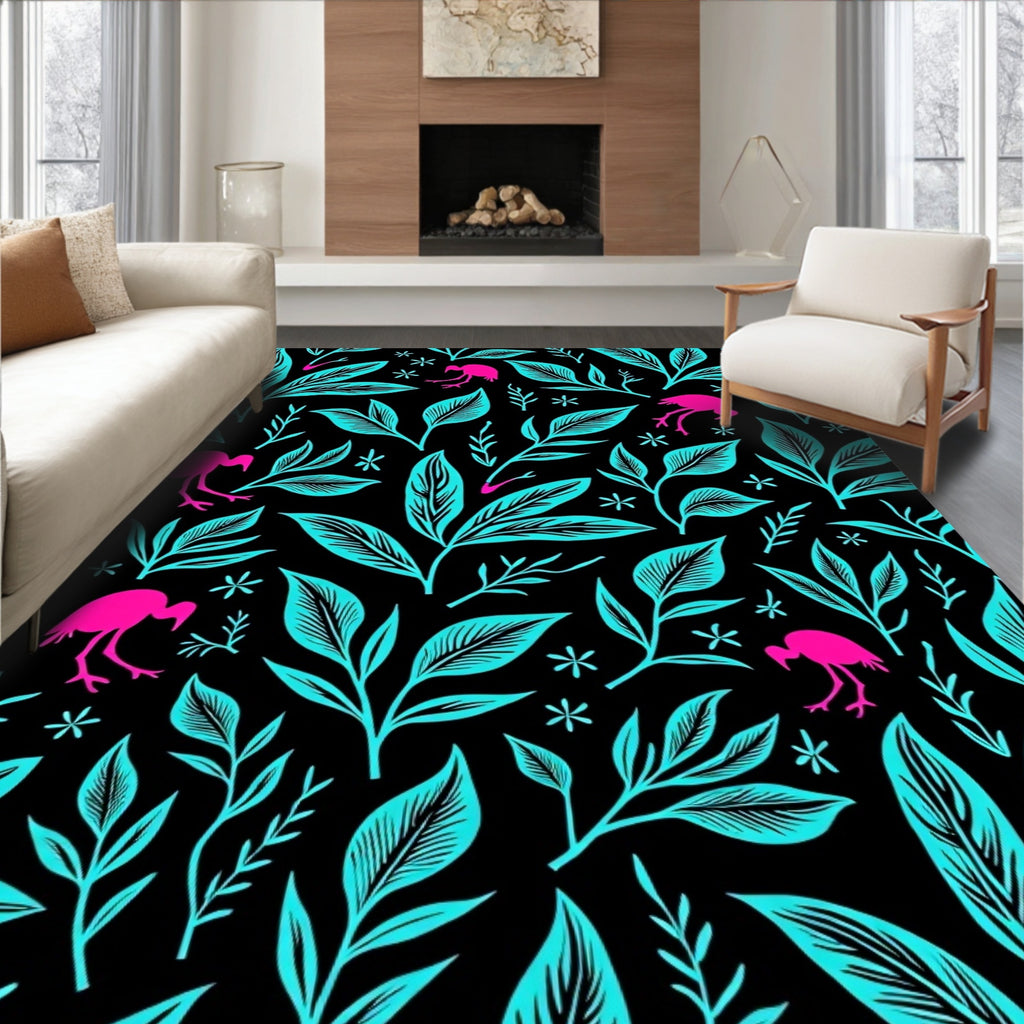 Vibrant Pink Flamingo Tropical Foliage Rug