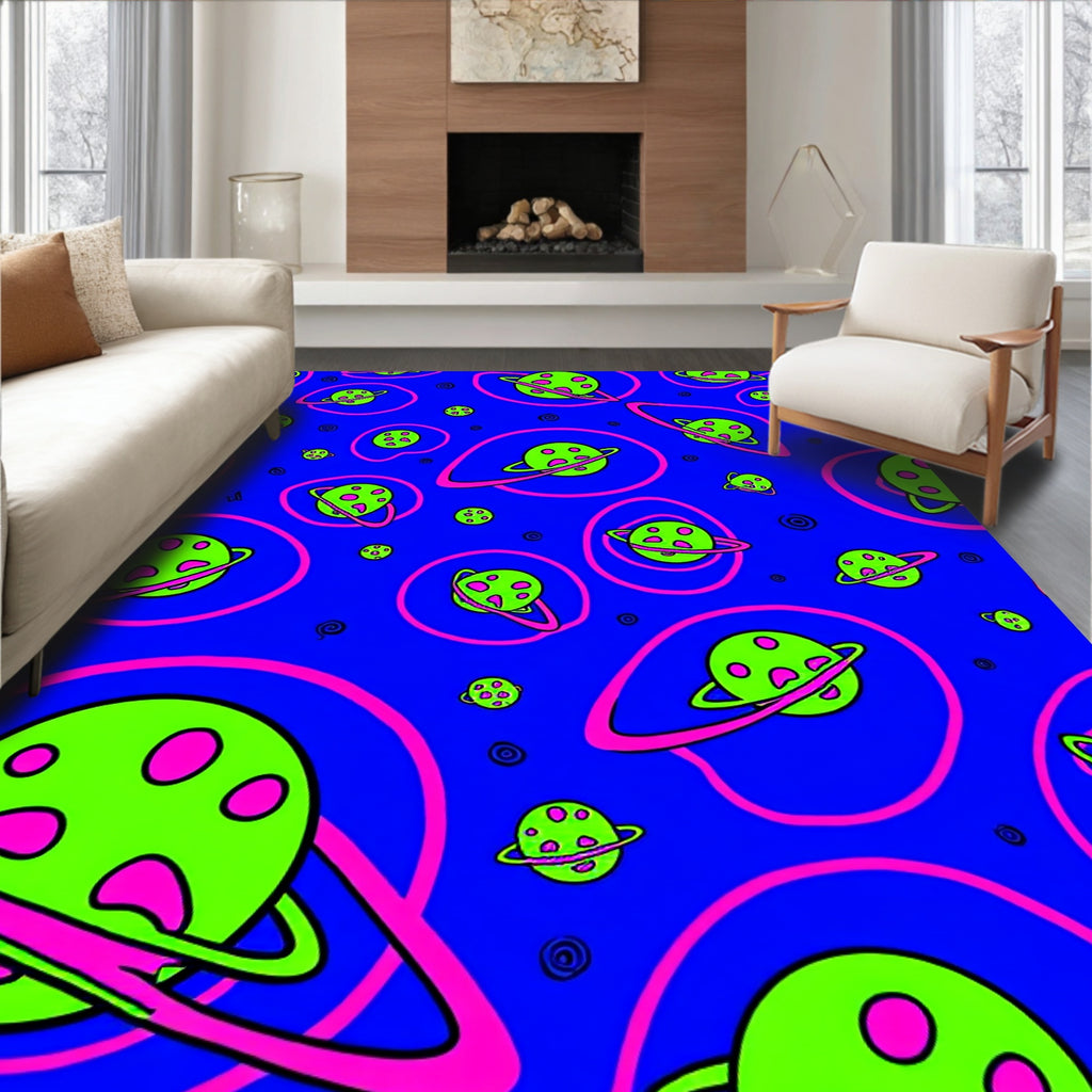 Vibrant Neon Galactic Ringed Planets Rug