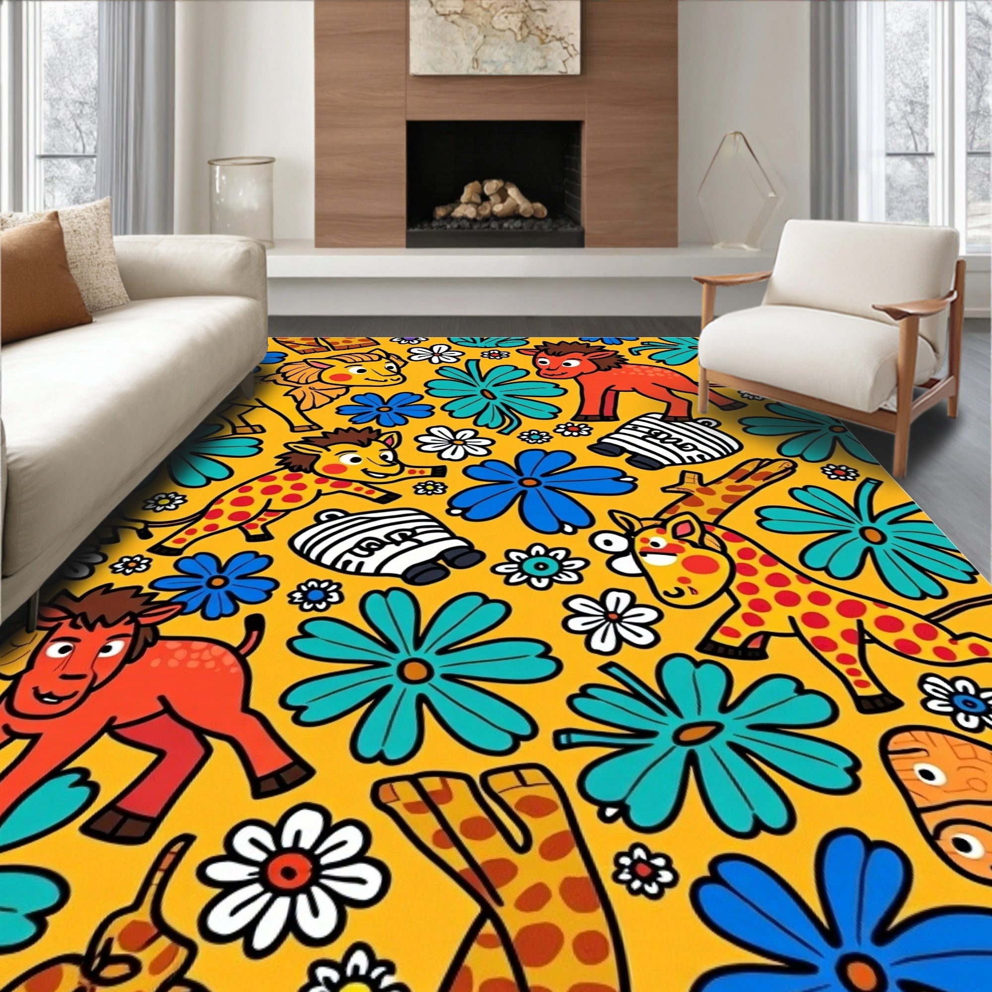 Yellow Safari Animals And Flowers Rug