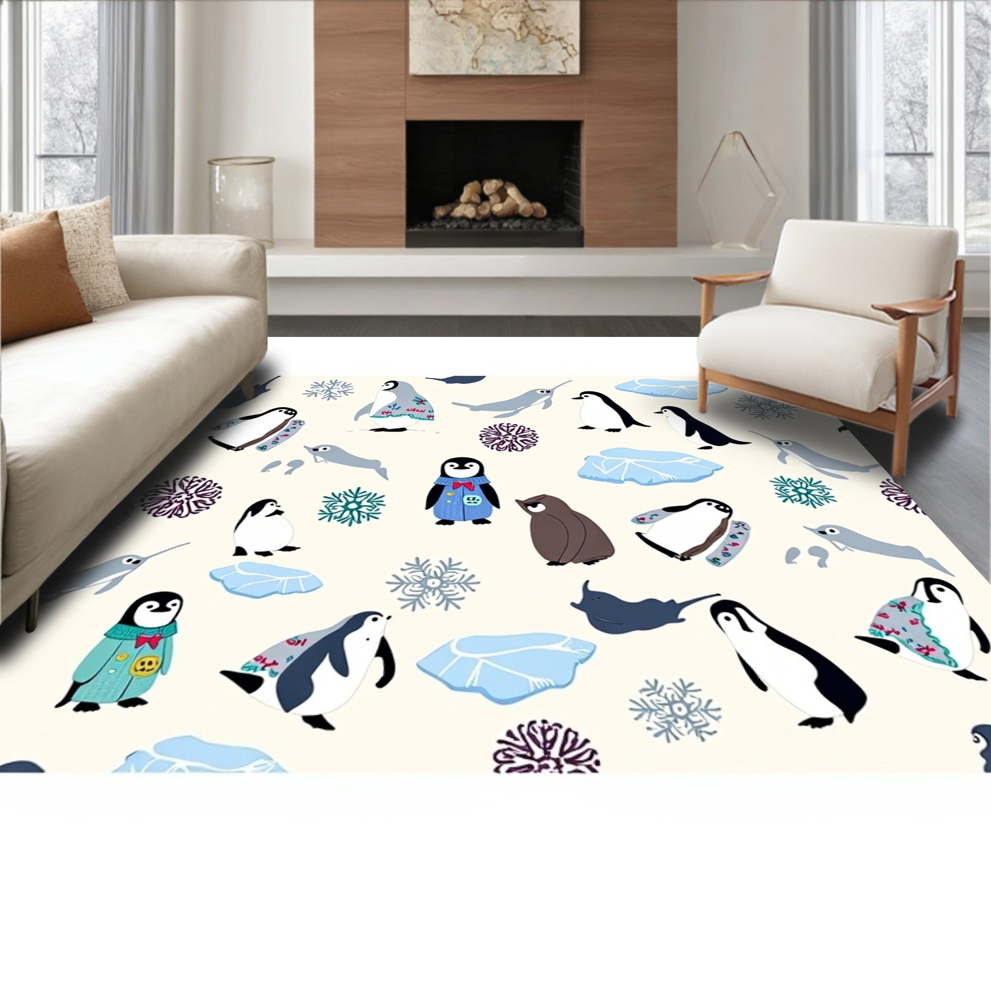 Cute Penguin Snowflake Arctic Scene Rug