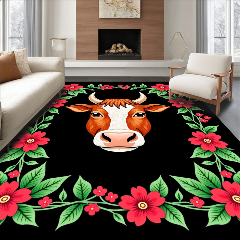 Brown Cow Floral Frame Rug
