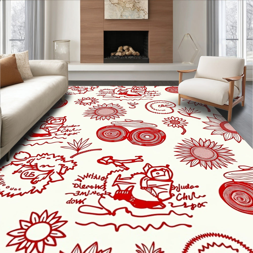 Red Whimsical Sketchy Animal Floral Rug
