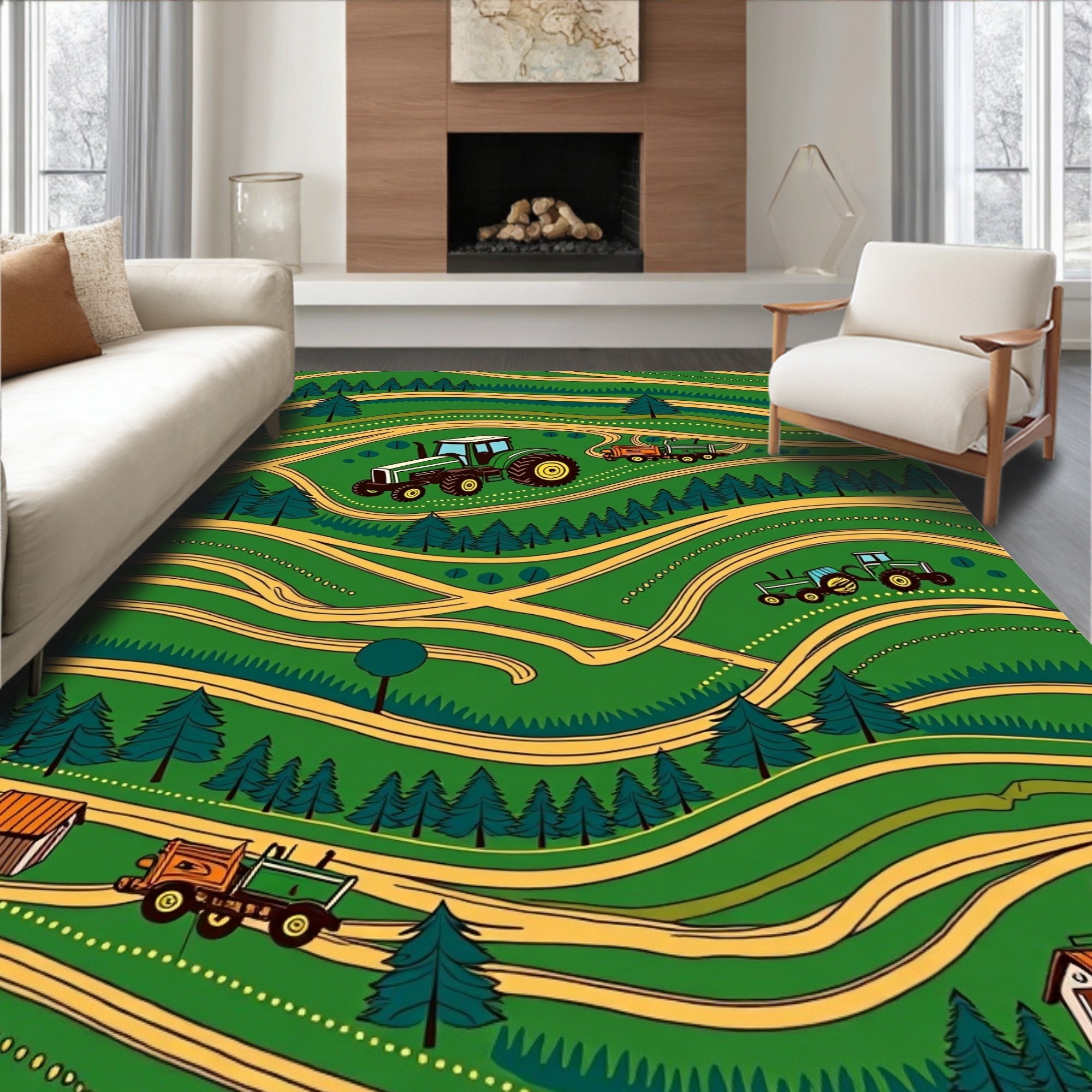 Green Rolling Hills Tractor Collage Rug