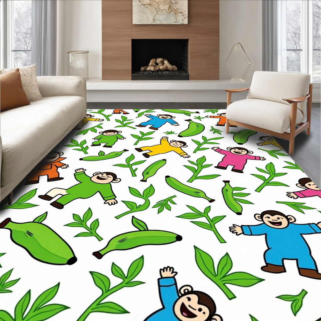 Joyful Monkeys Bananas Tropical Leaves Rug