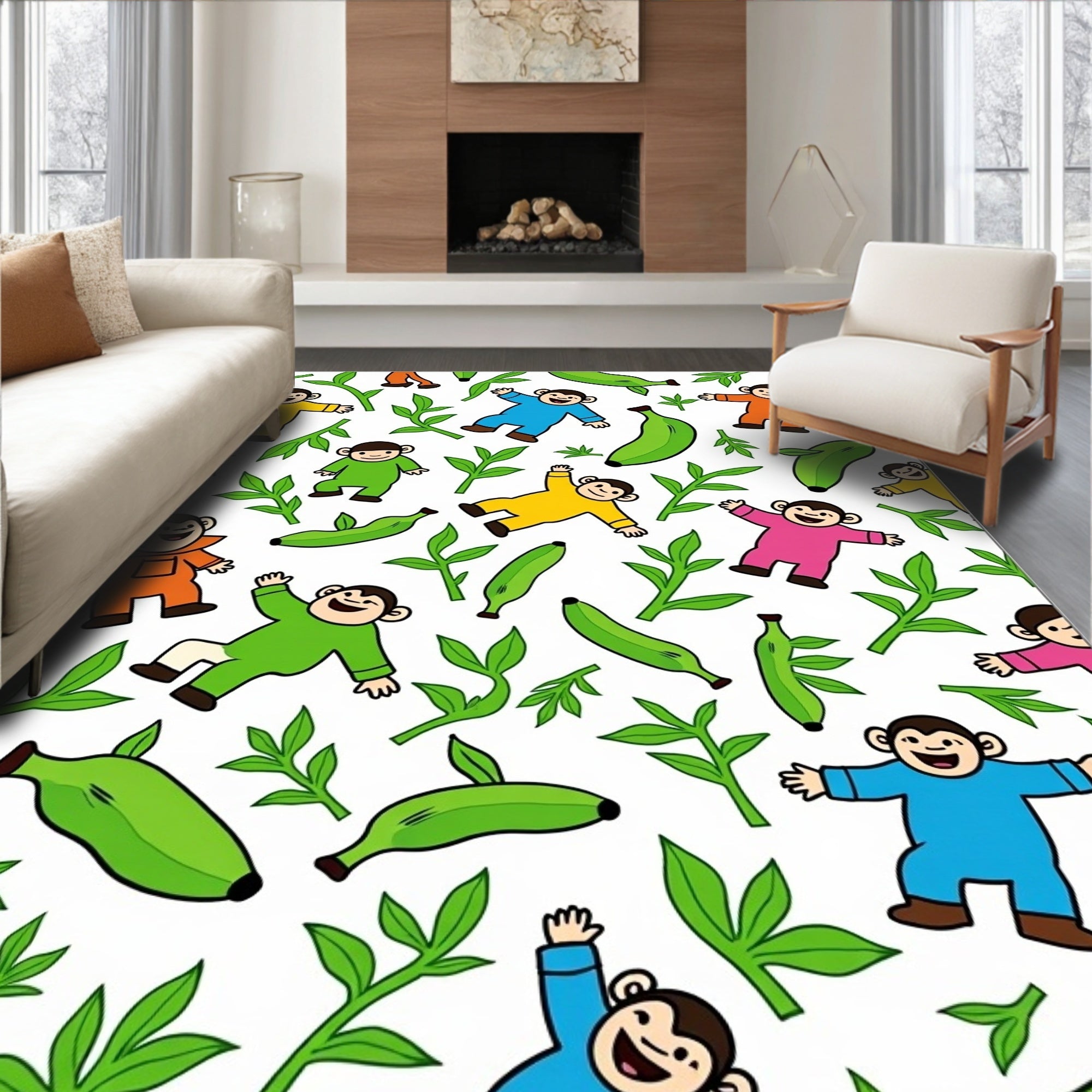 Joyful Monkeys Bananas Tropical Leaves Rug