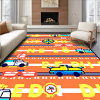 Yellow Blue Vehicles on Orange Stripes Rug