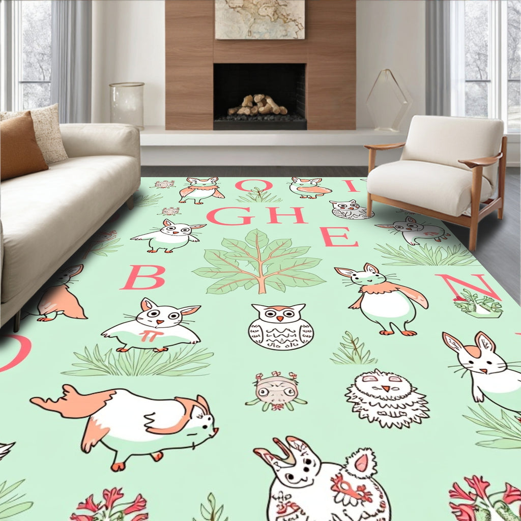 Whimsical Alphabet Creatures Green Background Rug