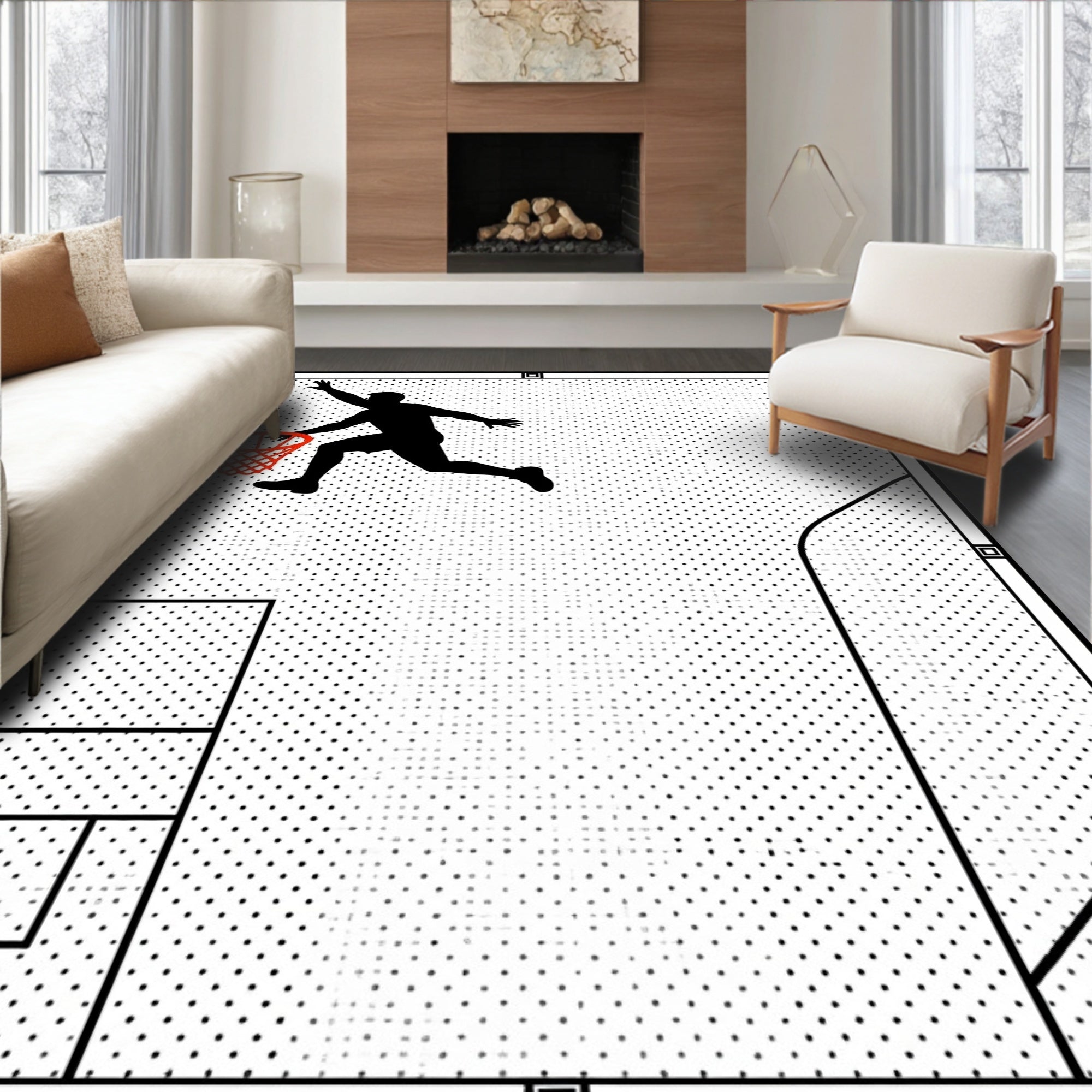 Dynamic Black Silhouette Basketball Dunk Rug