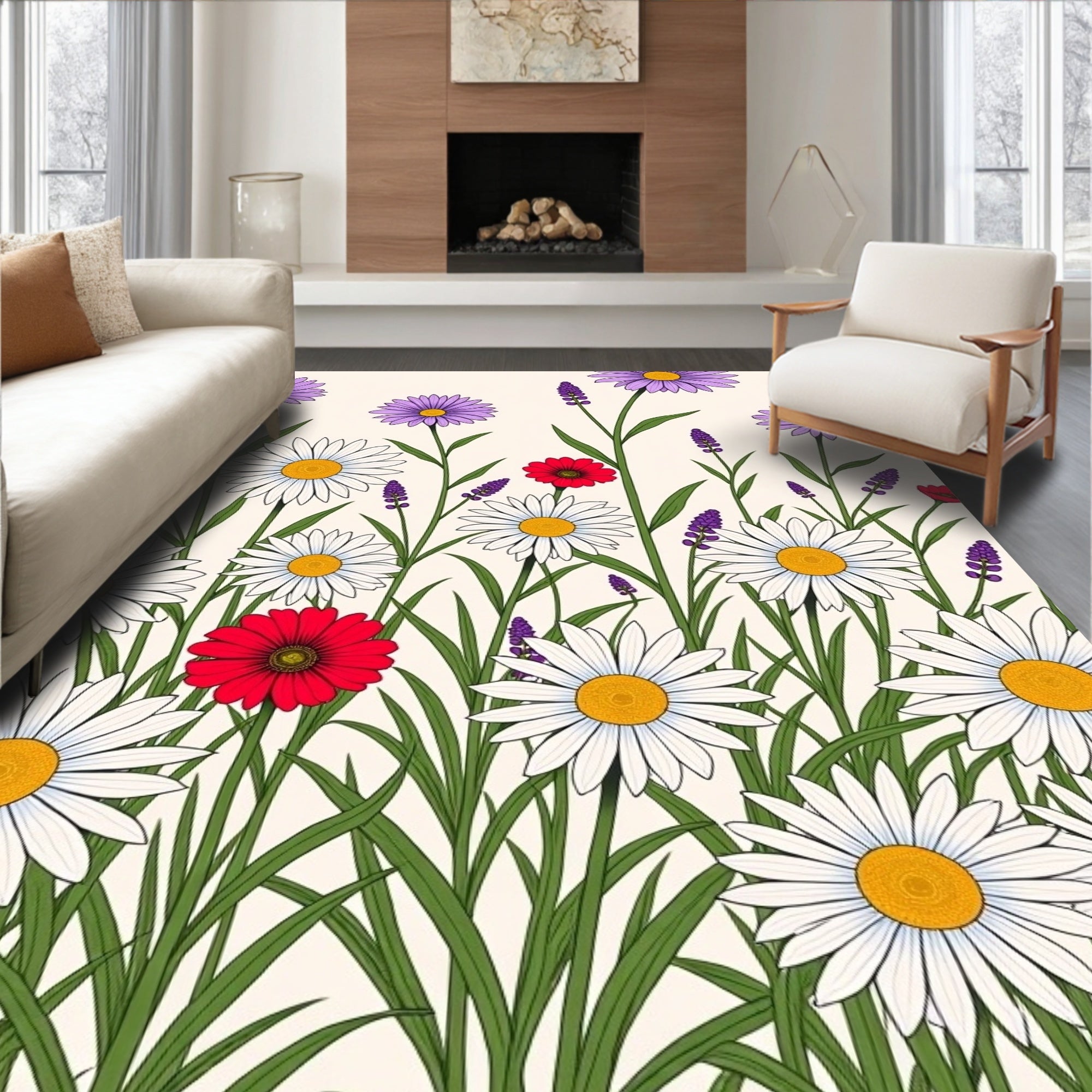 Field of Daisies and Lavender Flowers Rug