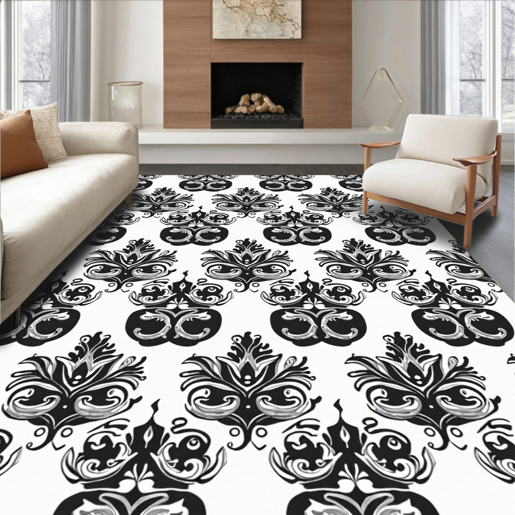 Black White Vintage Floral Scroll Rug