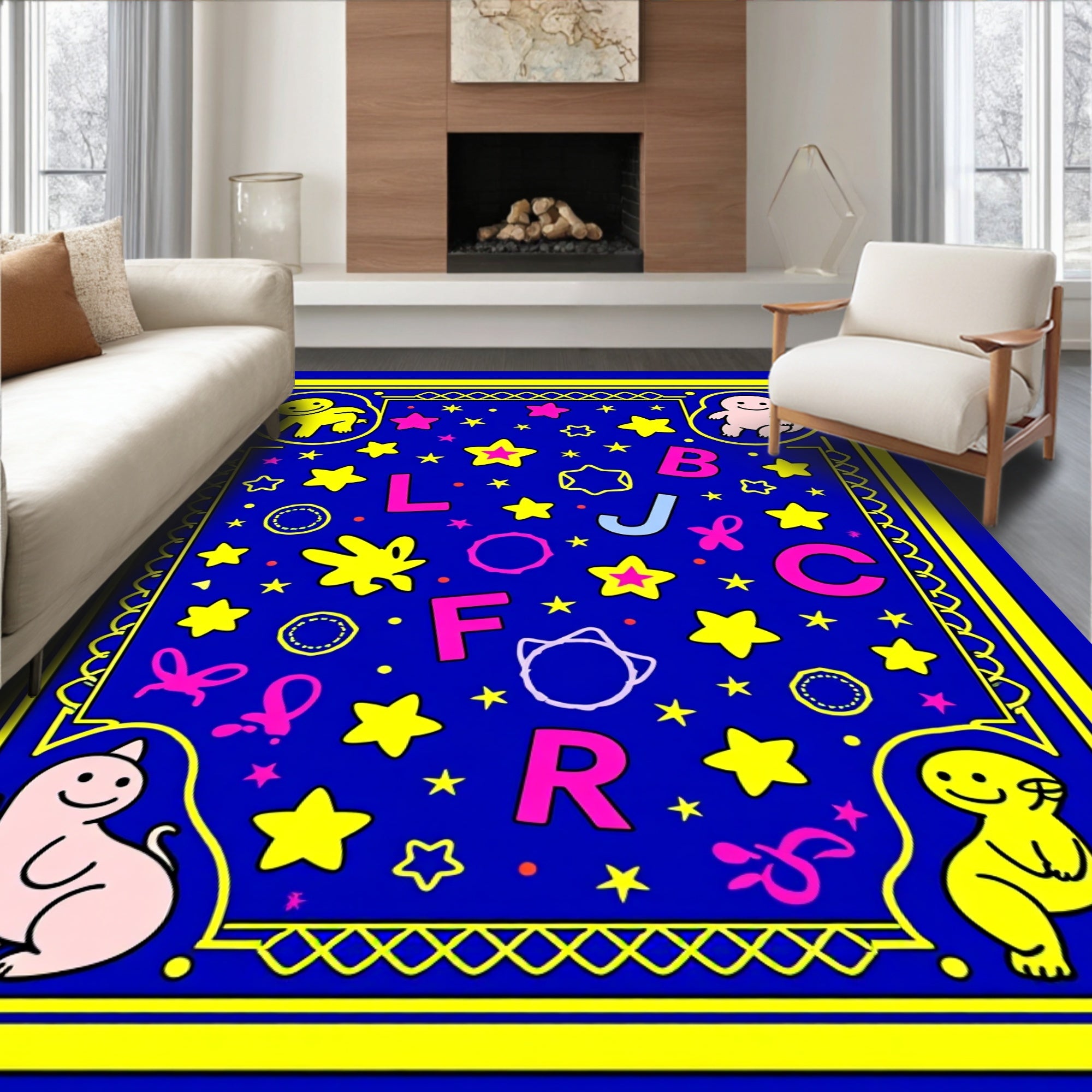 Blue Cosmic Alphabet Star Medallion Rug