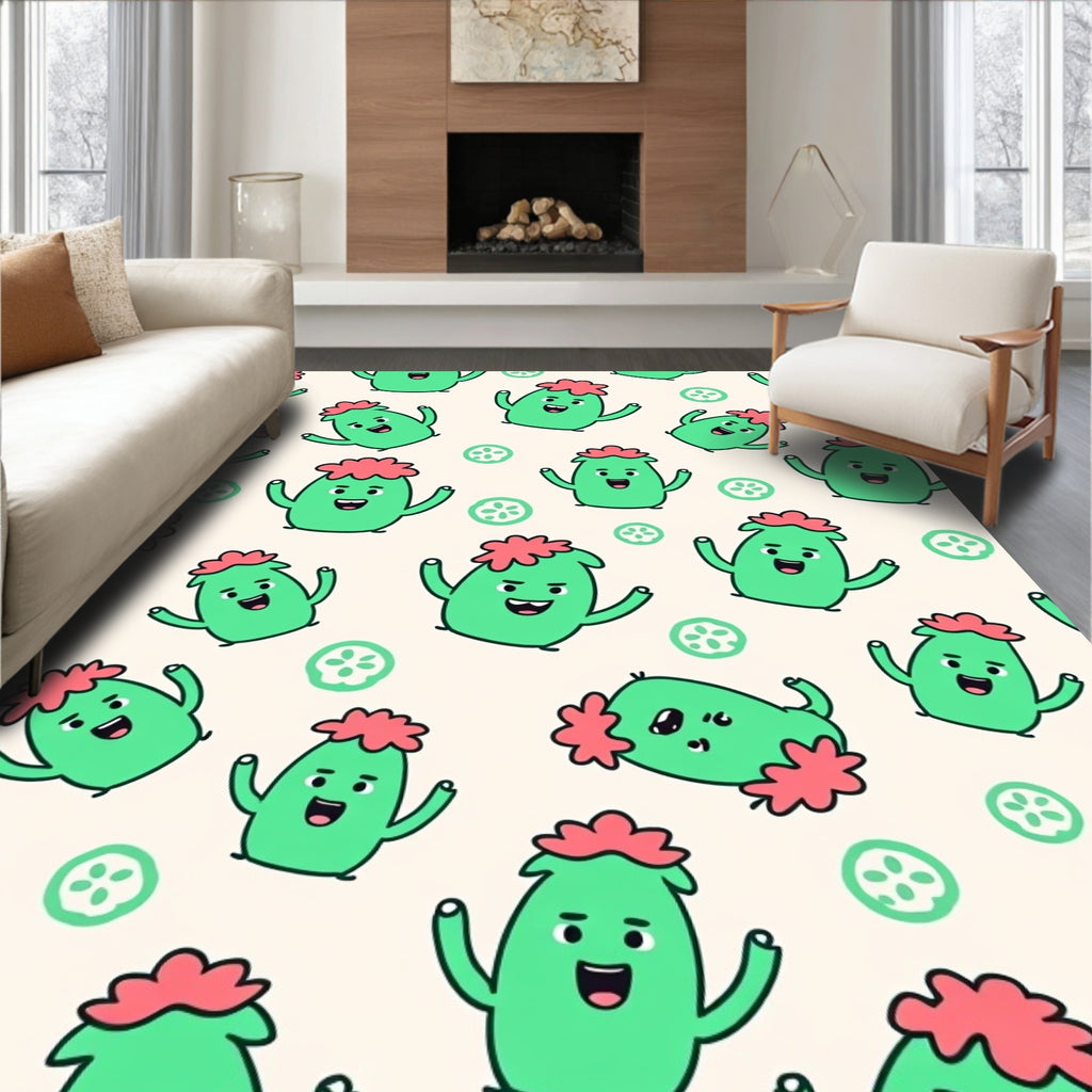 Playful Green Characters Cucumber Slices Rug