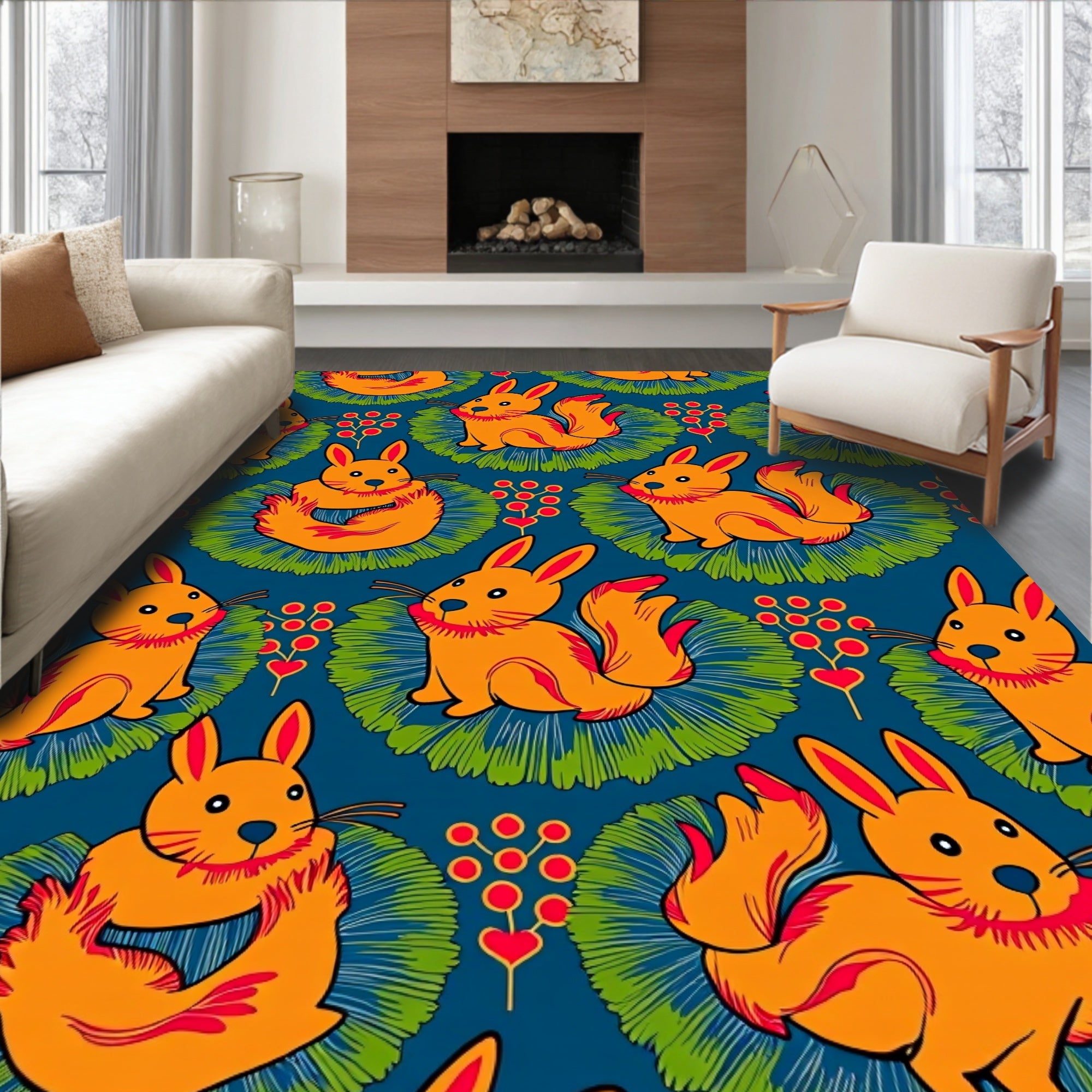 Orange Bunnies With Berry Branches Rug