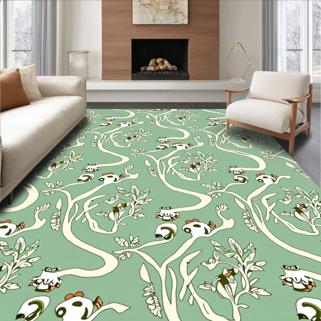 Whimsical Green Bird Tree Branch Rug